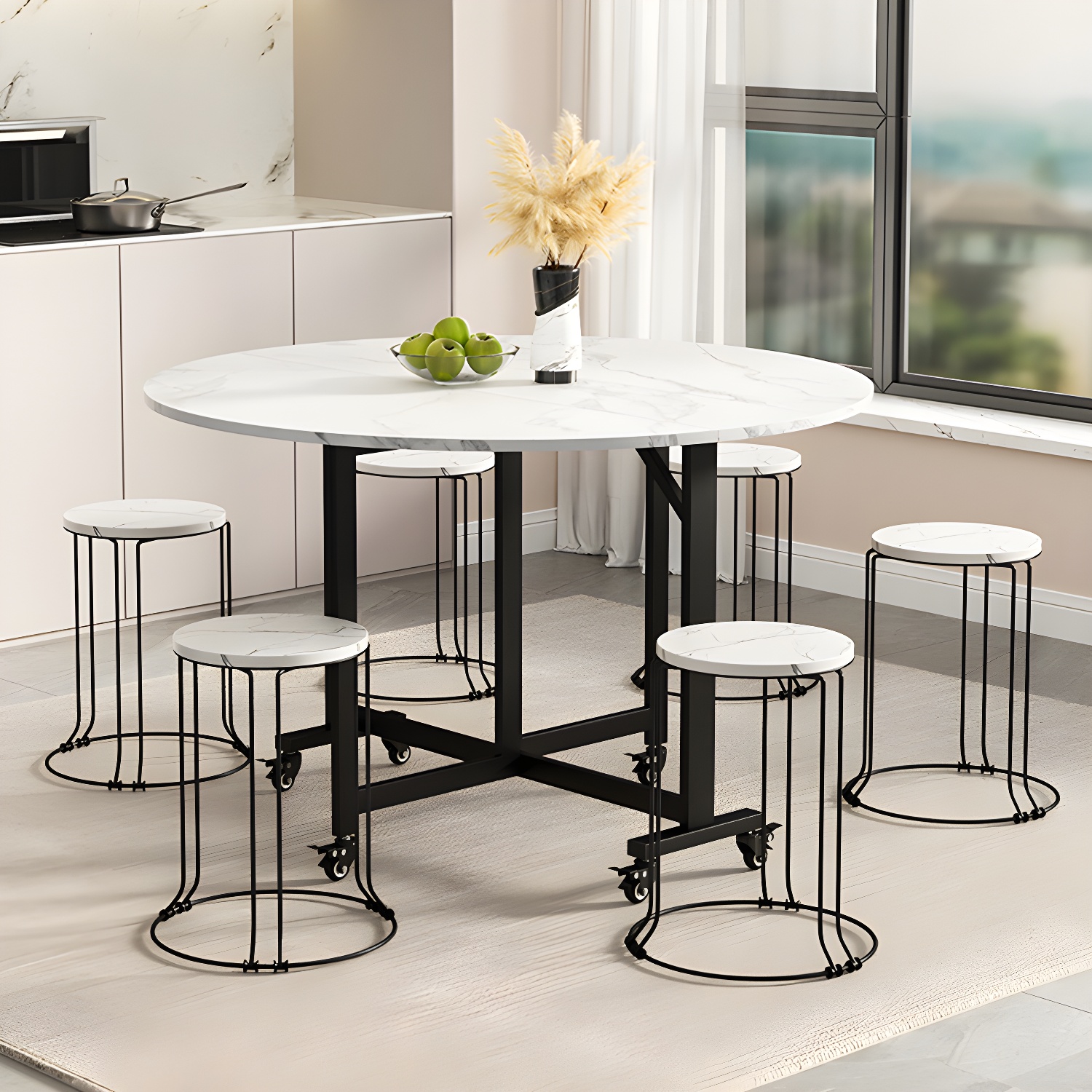 Modern Round Wood Dining Set with Collapsible Table and Leaf Extension - Metal Trestle Base in Black - image 4