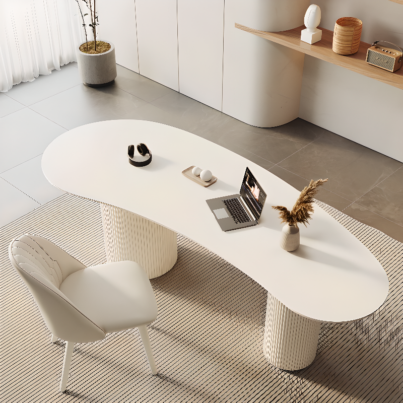 Fixed Free Form Dining Table Set with Double Pedestal, a Chalk Slate Tabletop and Upholstered Chairs in an Art Deco Style - image 4