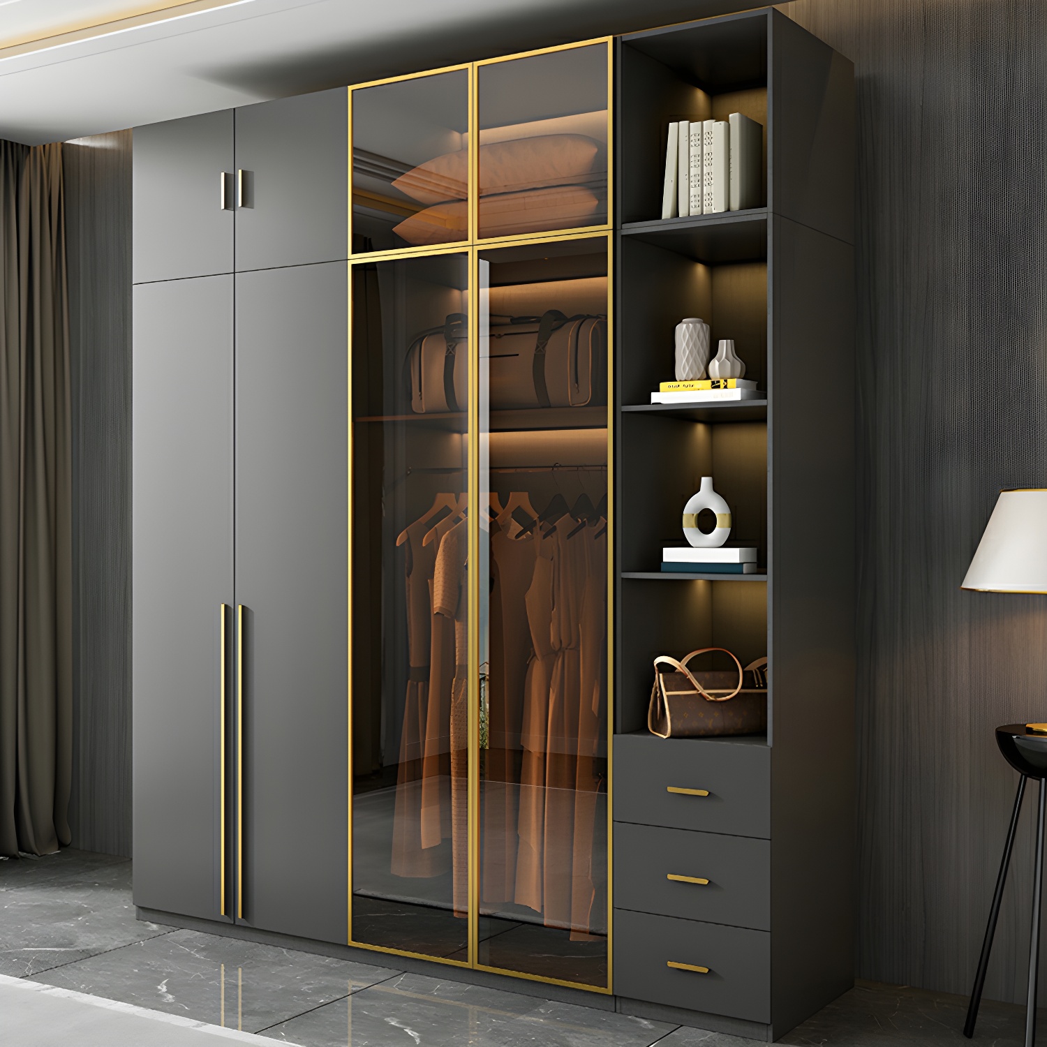 Modern Black Wood Wardrobe Armoire with Soft-Close Drawers & Clothing Rod - image 11
