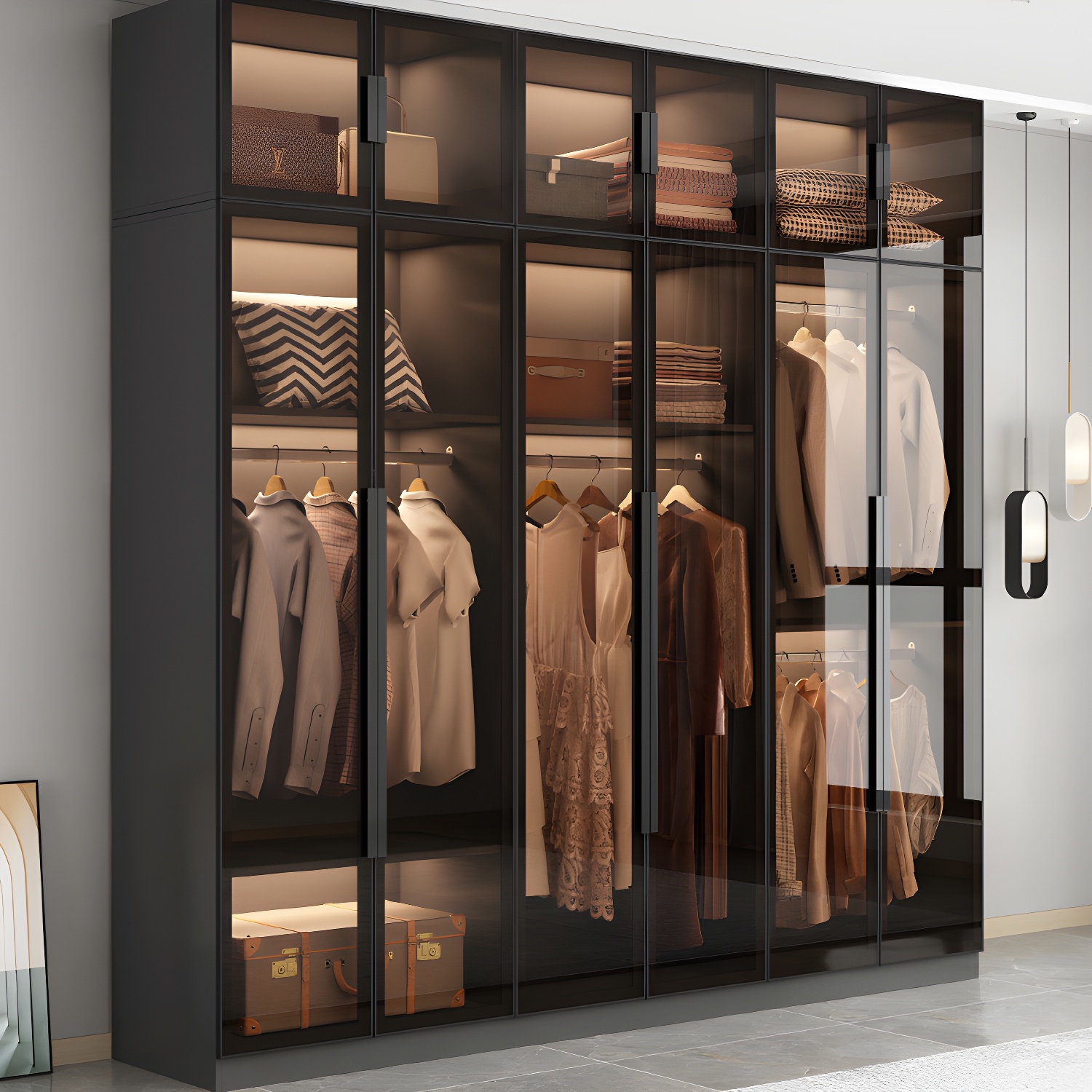 Freestanding Grey Wood Frame Wardrobe Modern Multifunctional Wardrobe with Glass Doors - image 4
