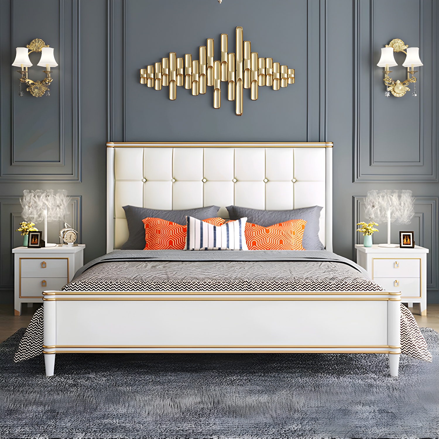 Modern Standard Bed with Tufted Upholstered Headboard and Soild Wood Legs - image 5