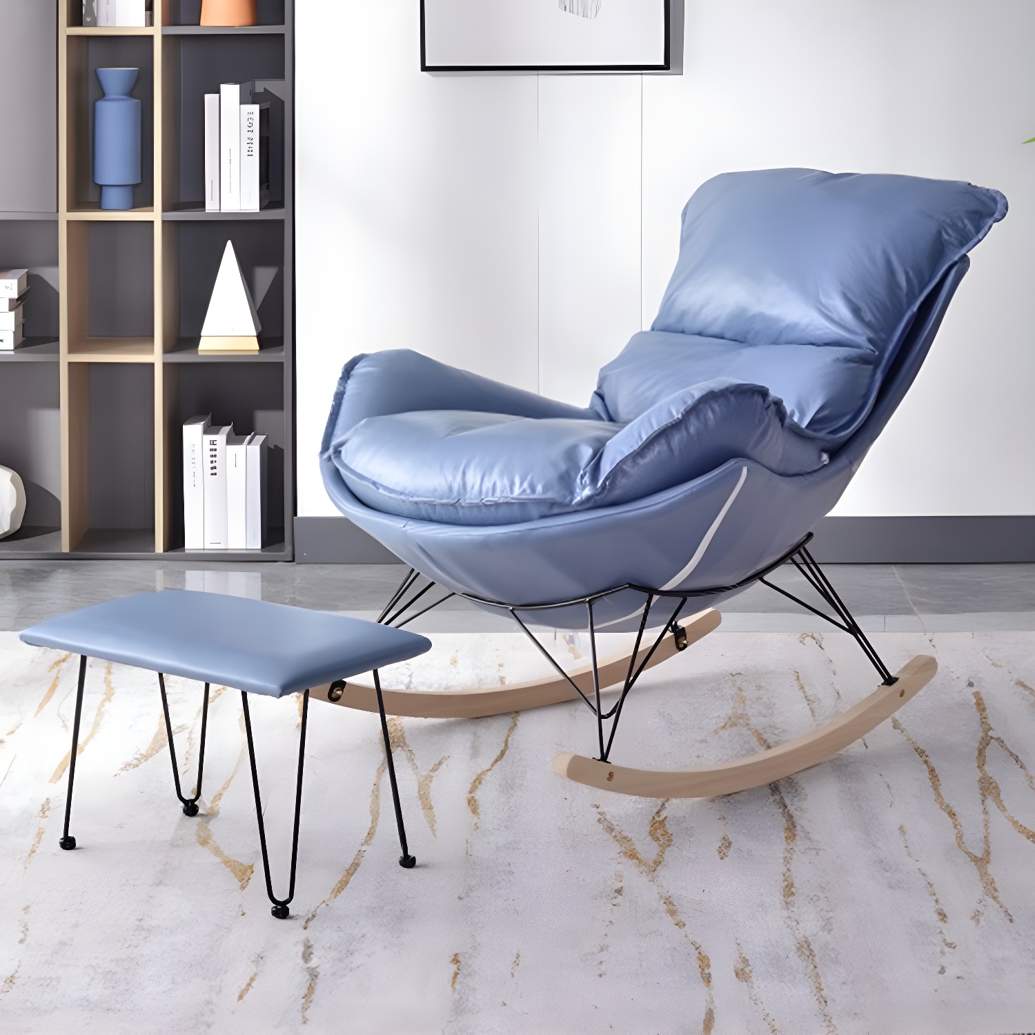 Modern Upholstered Rocking Chair with Ottoman Set - Natural Wood Legs