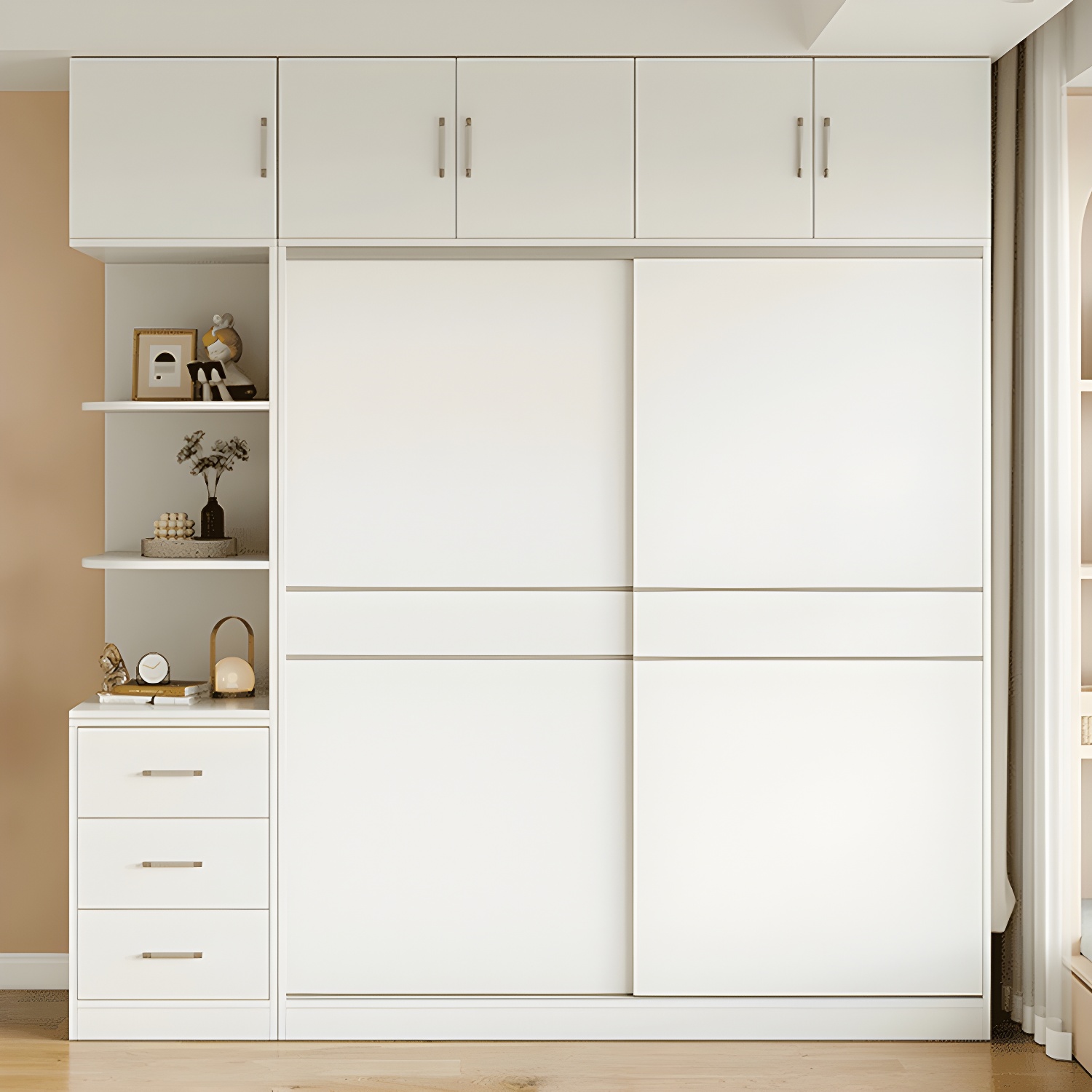 Modern White Wood Wardrobe Armoire with Sliding Doors, Shelves, and Soft Close Drawers