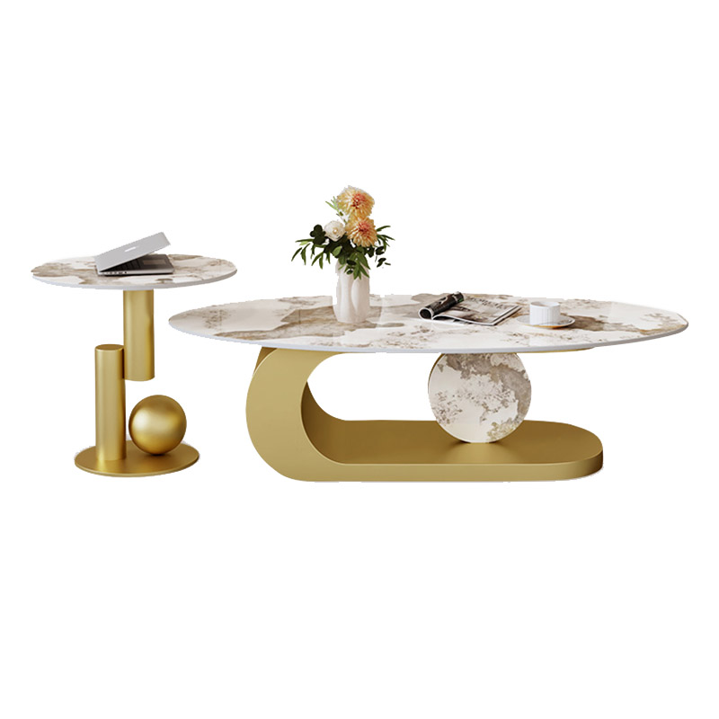 Elegant Stone Oval Coffee Table with Iron Block Base for Living Room - image 9