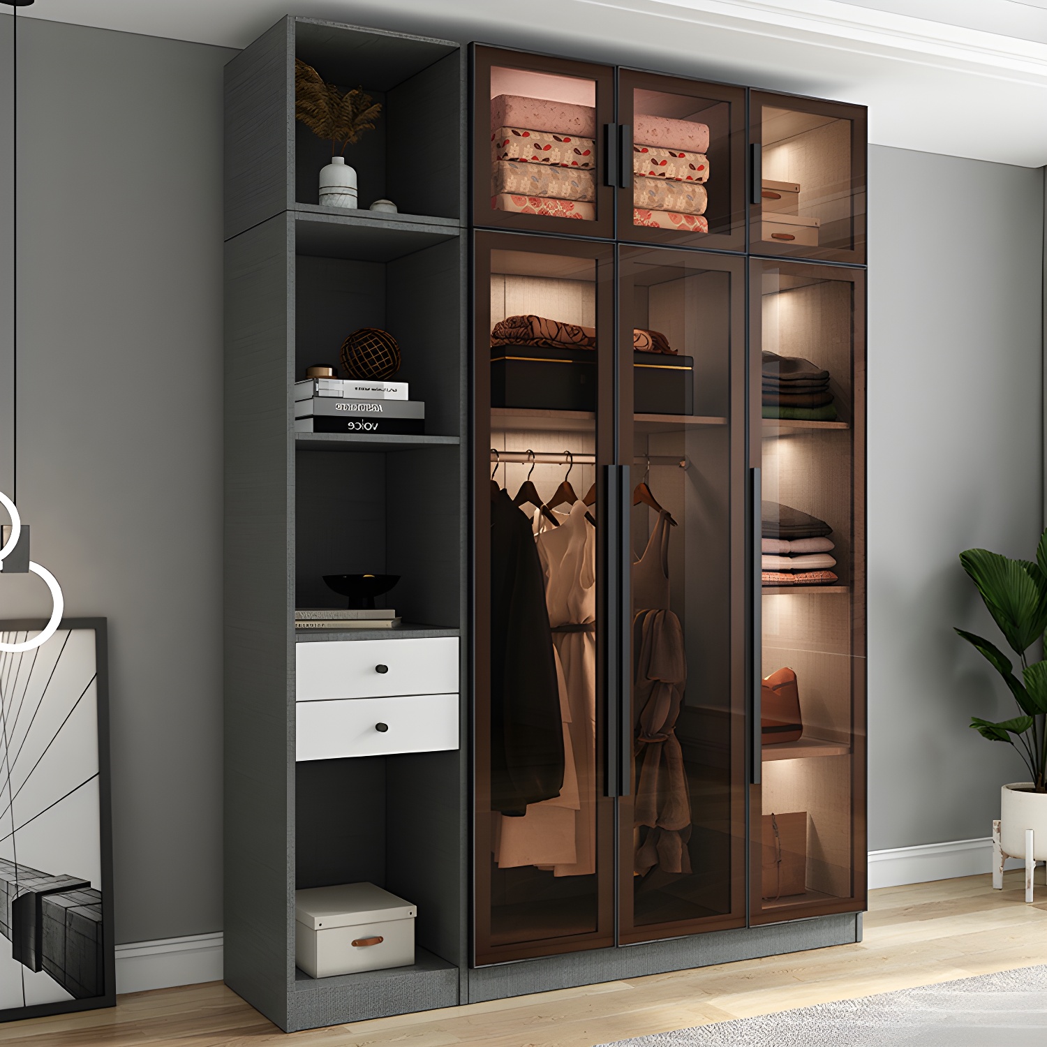 Modern Wardrobe Cabinet Glass and Engineered Wood Wardrobe Closet - image 9