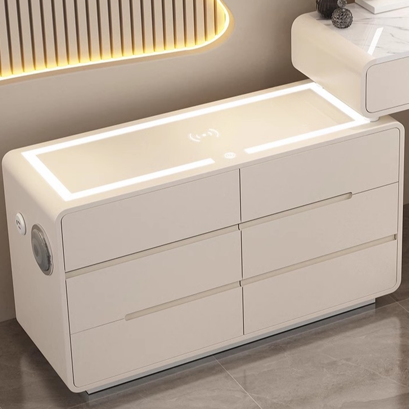 Simplistic Large Vanity Set with Stone Table Top, Clear Seating, 8 Drawers, and Mirror Lights - image 4