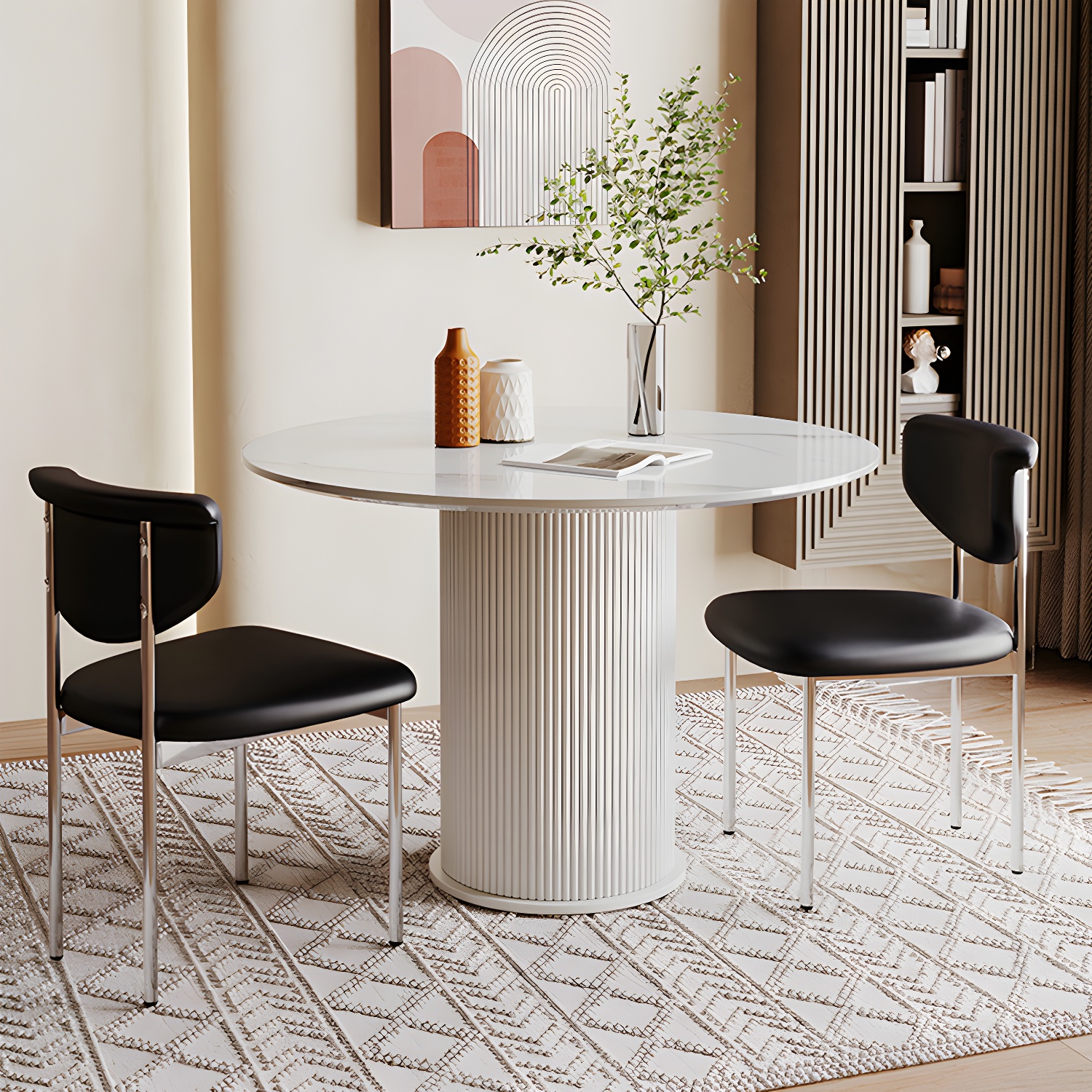 Round White Stone Modern Dining Table with White Steel Pedestal Base Standard Height - image 4