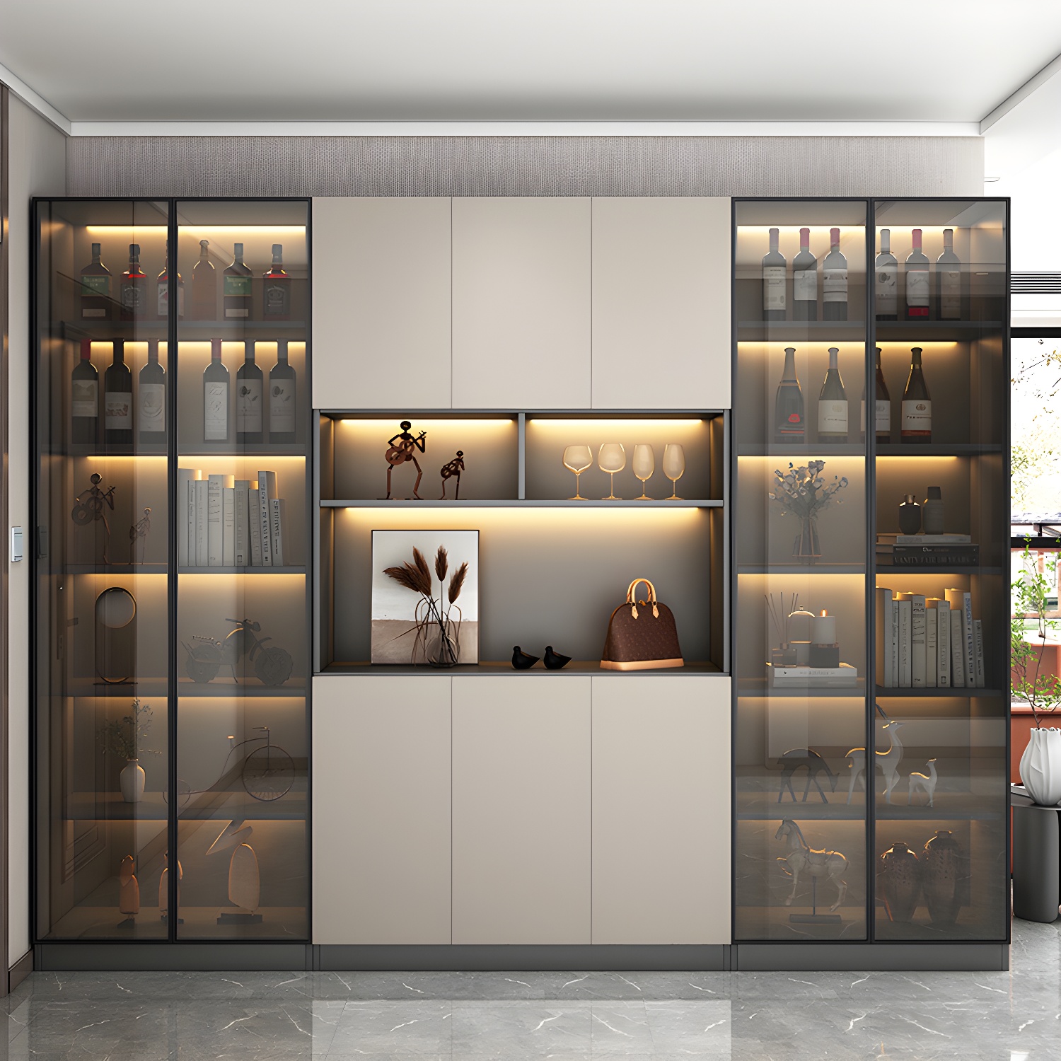 Accent Cabinet Rectangle Contemporary Glass Wood with Shelves - image 13