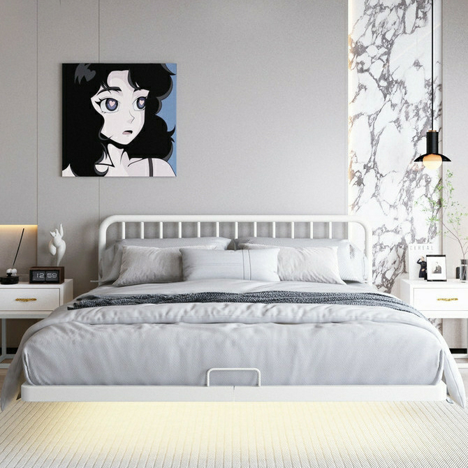 Modern Iron Open-Frame Bed with Solid Color, Metal Slats, and Legs Included