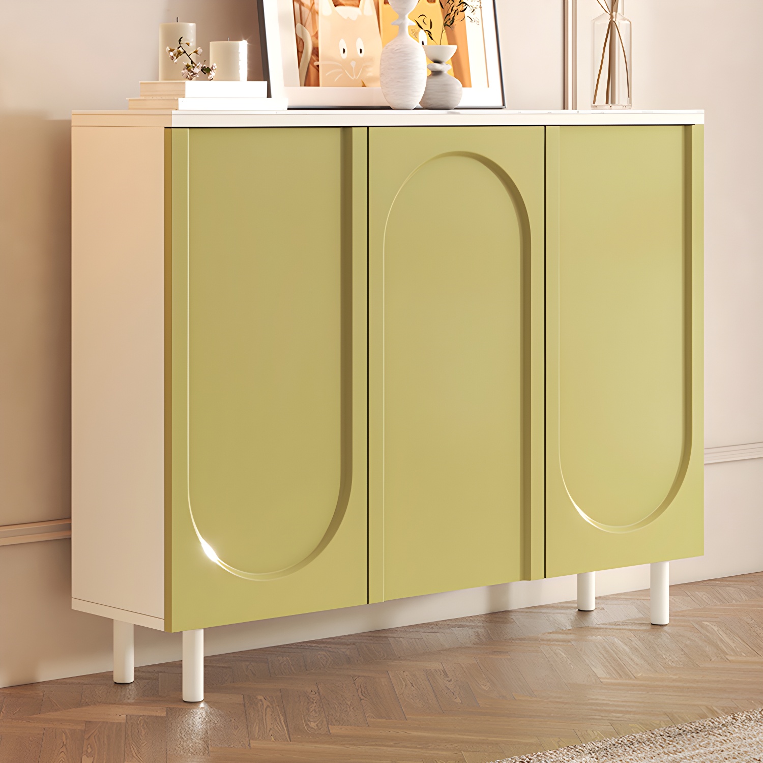 Scandinavian Wood Buffet Sideboard Cabinet with Stone Countertop Shelves Included - image 9