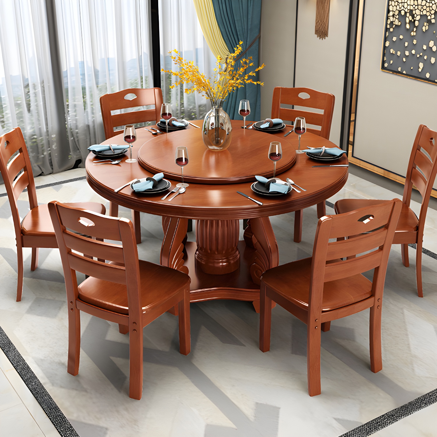 Contemporary Turntable Pedestal Dining Table Wood Dinner Table for Home