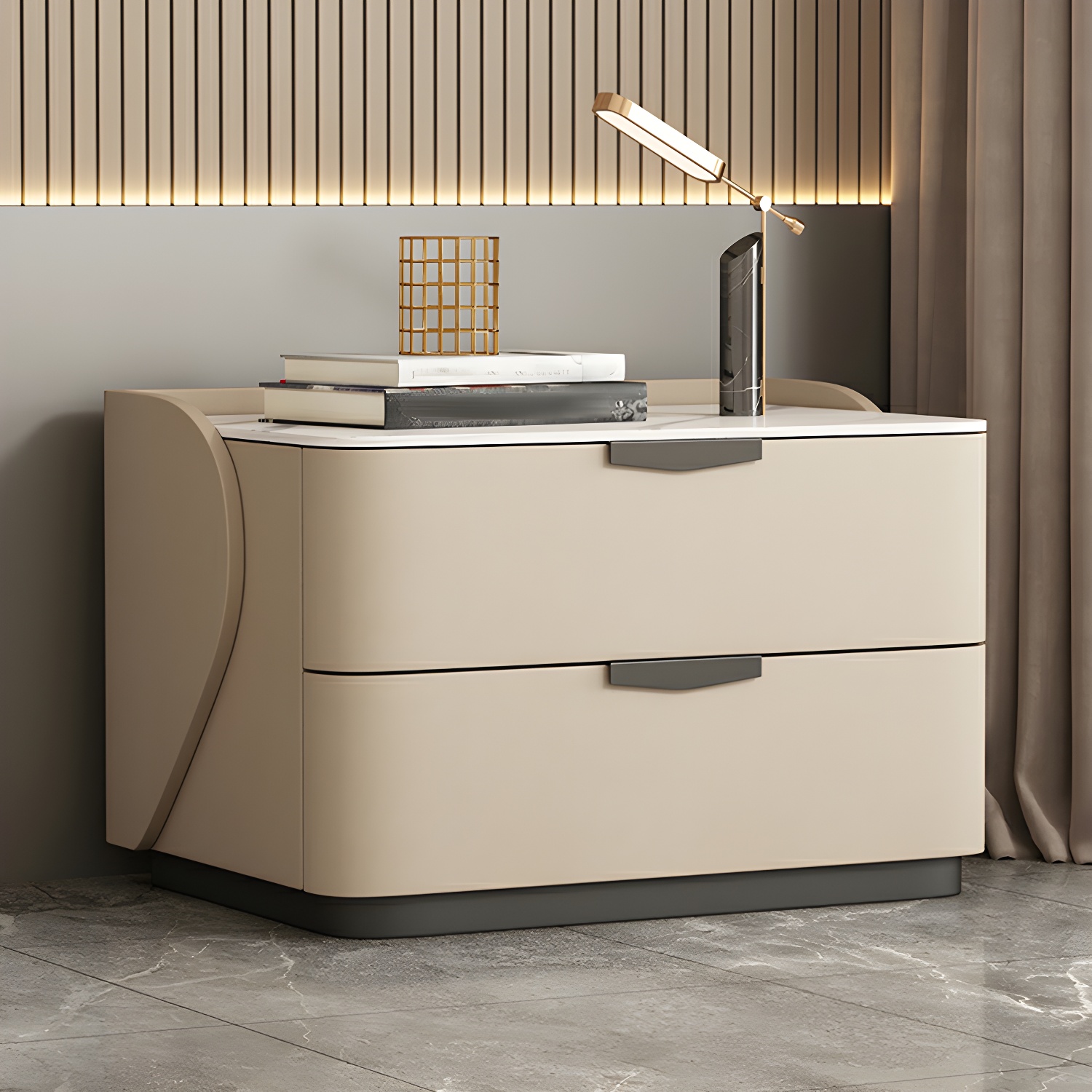 Modern Faux Leather Nightstand with Two Drawers in Light Wood