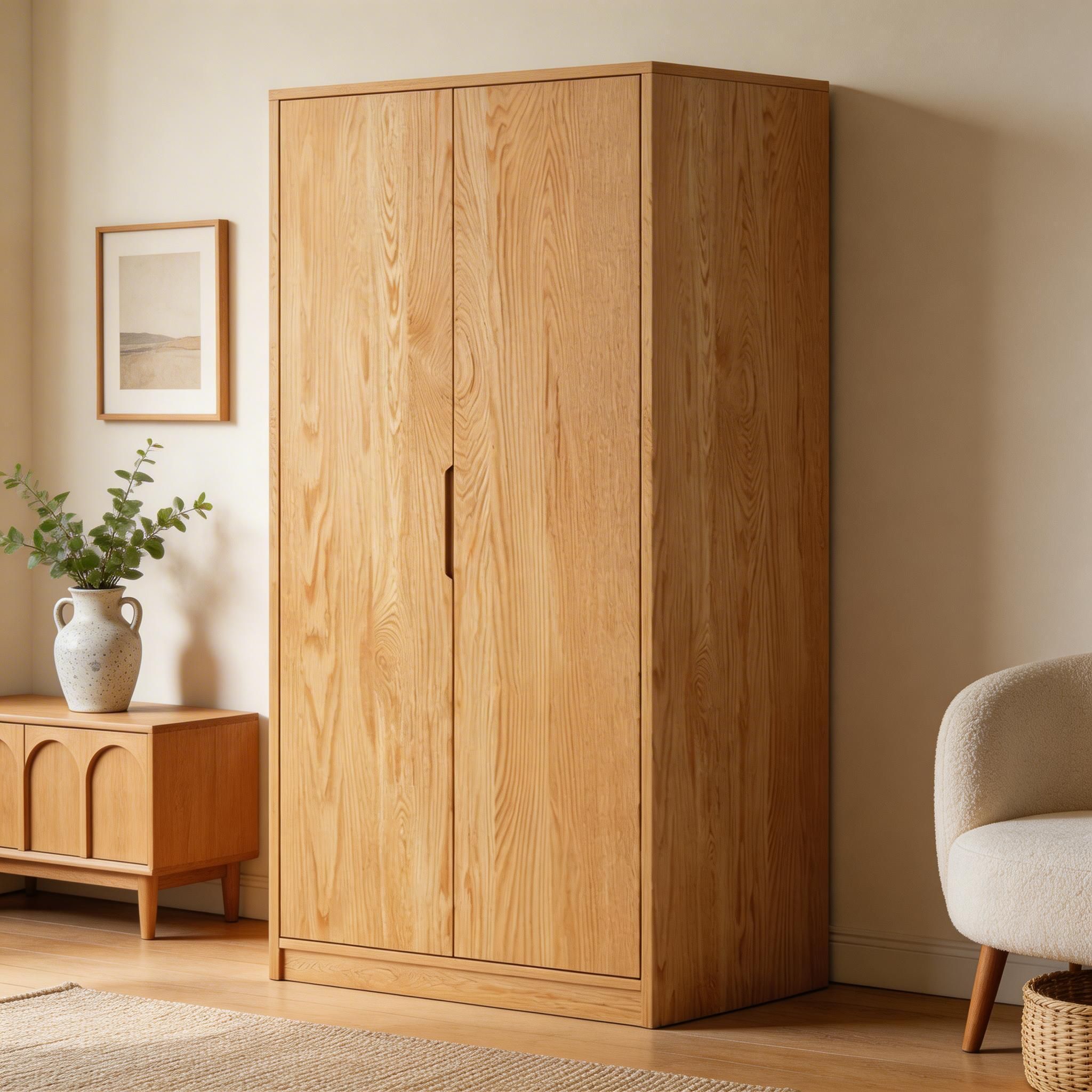 Modern Natural Wood Wardrobe Armoire with Sliding Doors, Drawers, and Shelves - image 47