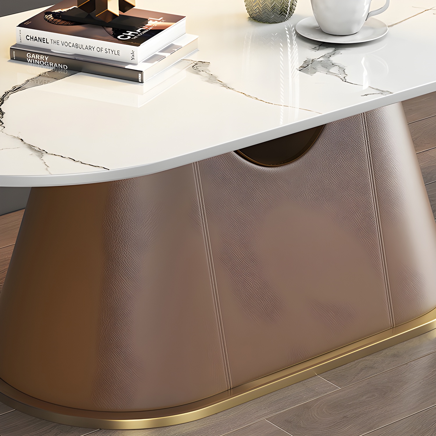 Glam Oval Stone Coffee Table with Pedestal Chrome Base - Scratch Resistant - image 12