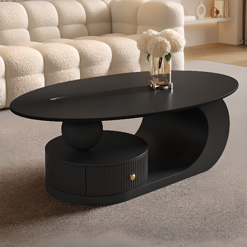 White/Midnight Black Scratch-proofed Oval Sintered Stone Board Game Coffee Table with Abstract Base and 1 Drawer for Living Room