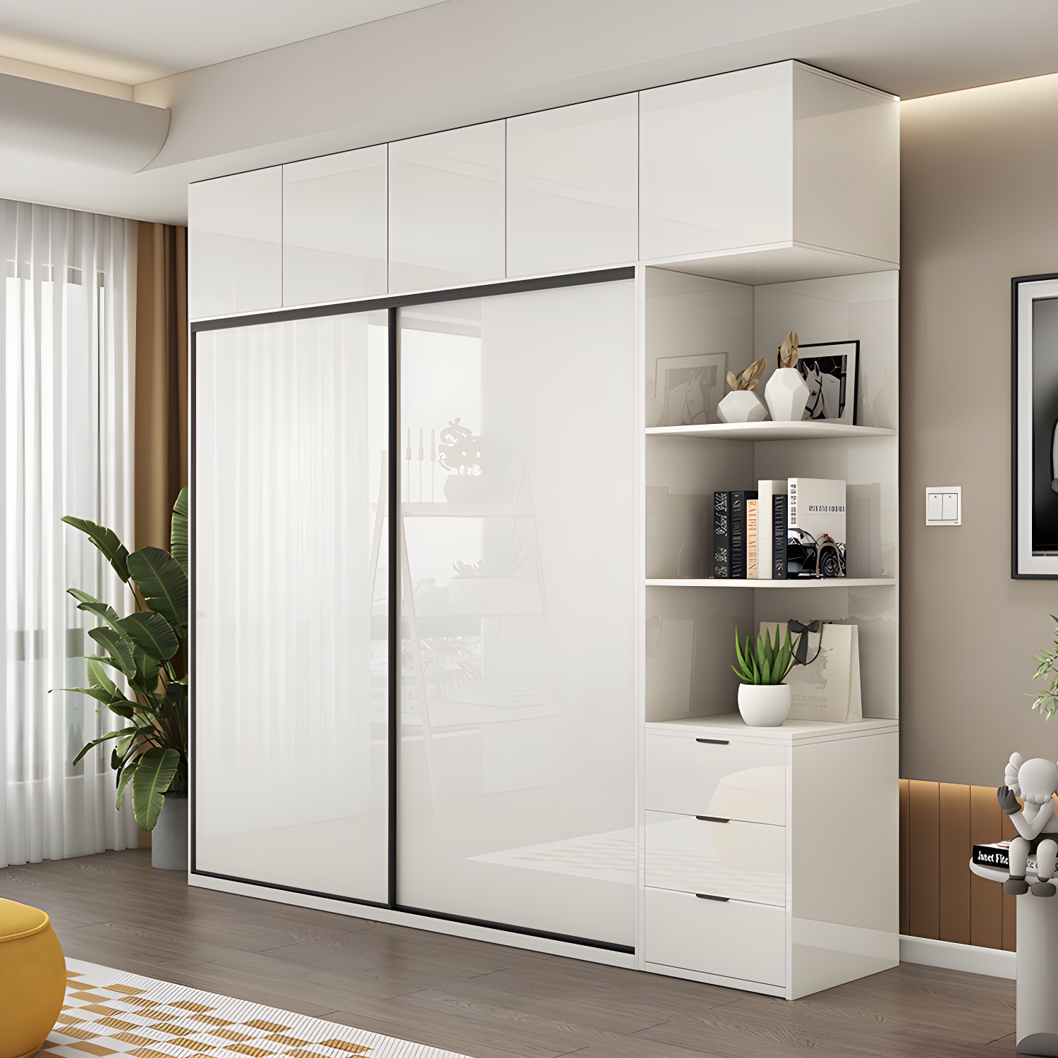 White Colour Wooden Wardrobe Cloth Rod Included Wardrobe Closet with Shelves - image 4