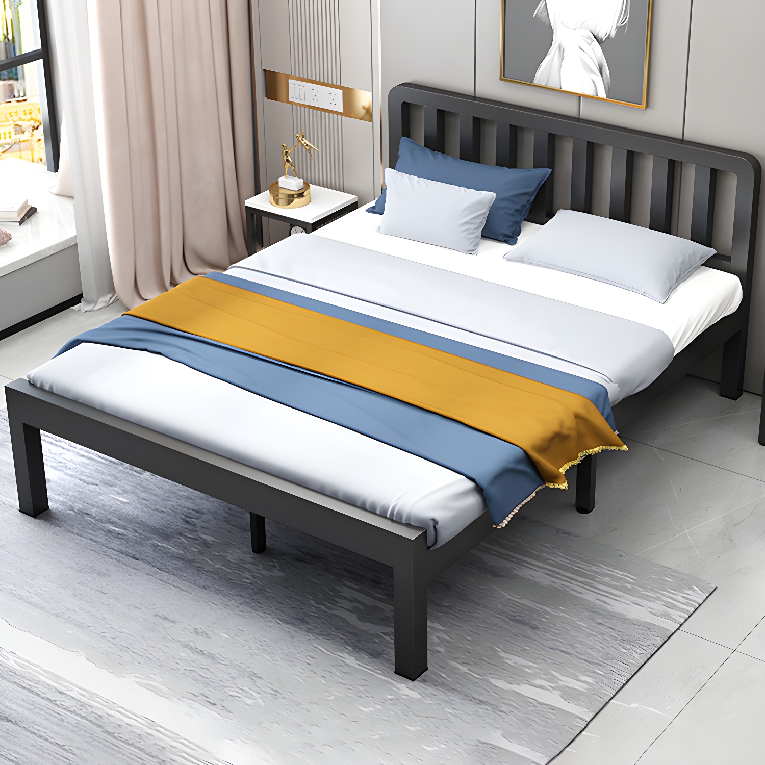 Contemporary Metal Bed Frame Solid Color Slat Bed with Custom Gold Legs - image 7