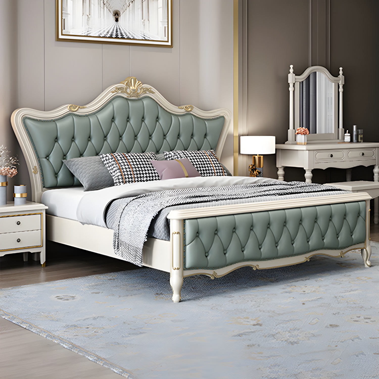 84.65 inch Wide Glam Bed Frame Rubberwood Solid Color Standard Bed with Headboard - image 7