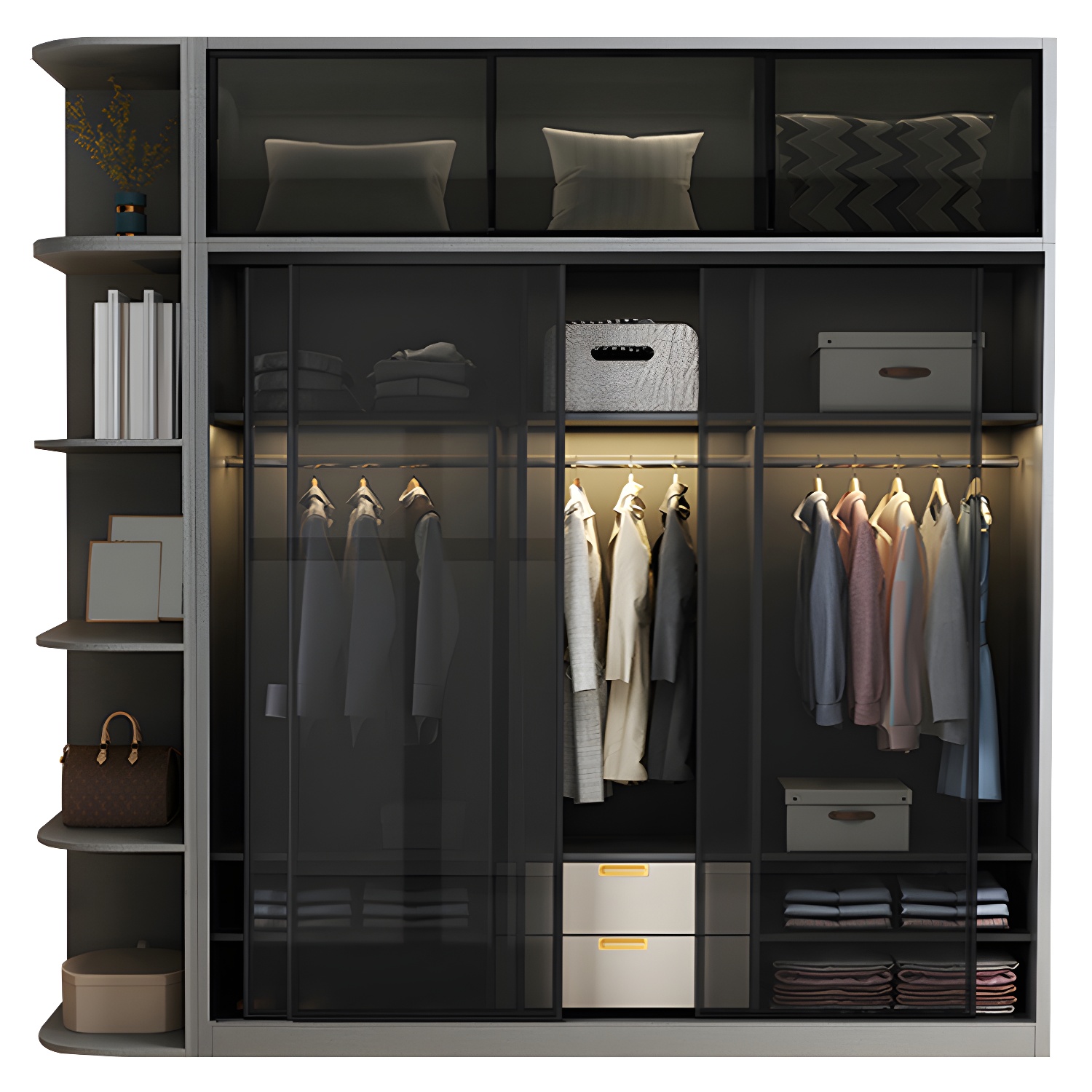 Contemporary Wood and Tempered Glass Wardrobe Freestanding Wardrobe Armoire without Light - image 5