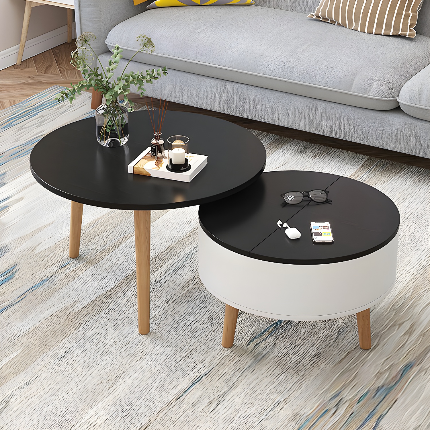 Round Solid Wood 3 Legs Coffee Table with Storage Drawers Modern Cocktail Table