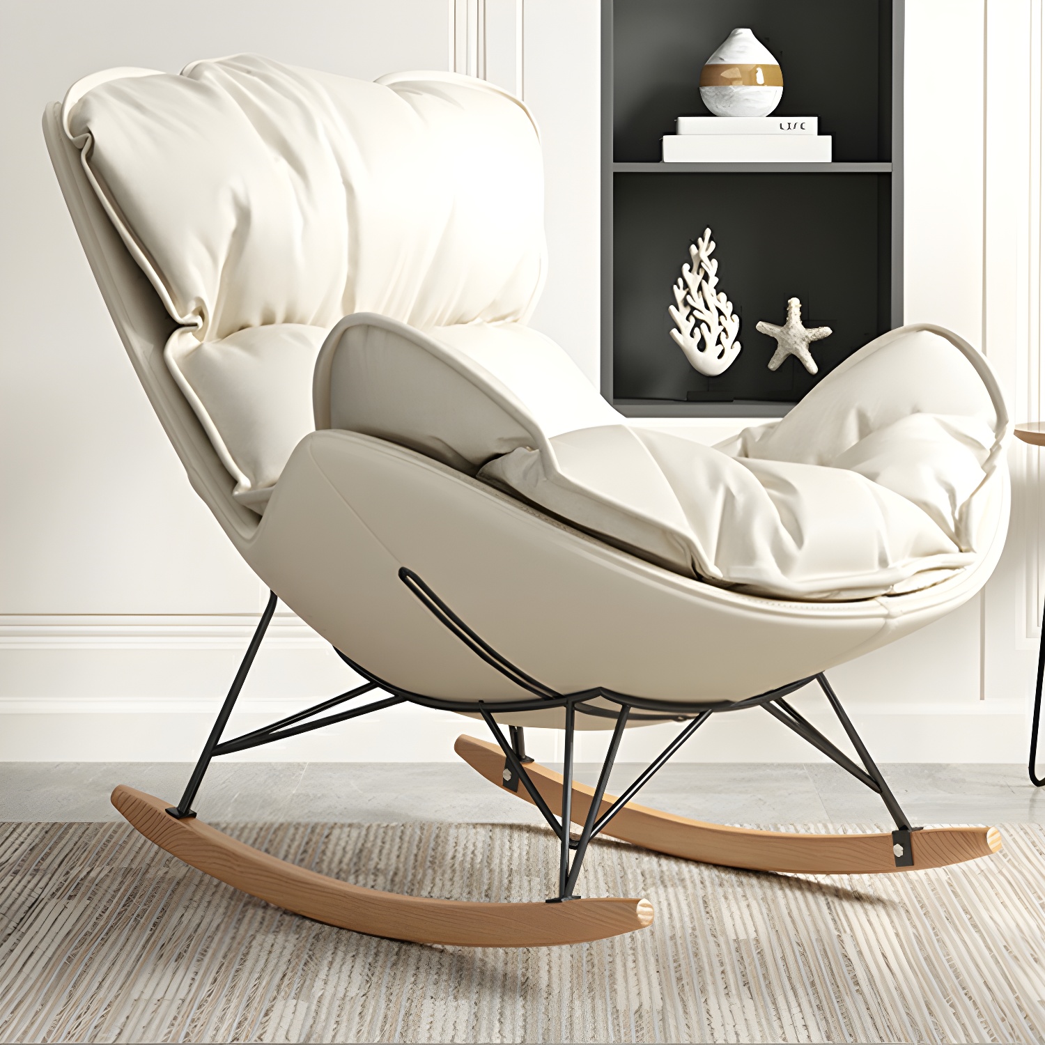 Stylish and Comfortable Modern Upholstered Indoor Rocking Chair with Natural Wood Legs - image 7