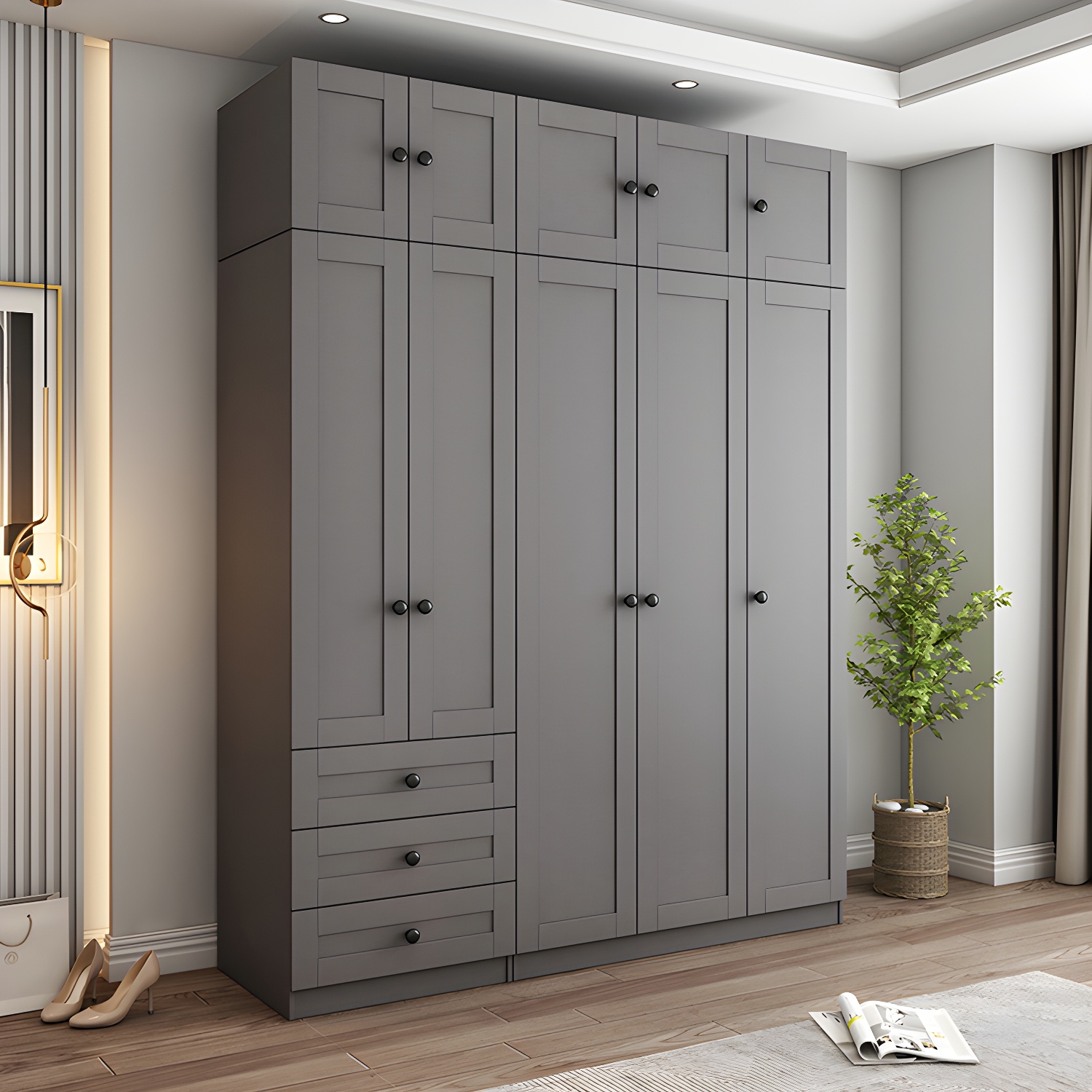 Contemporary Grey Wardrobe Armoire Engineered Wood Wardrobe Closet - image 14