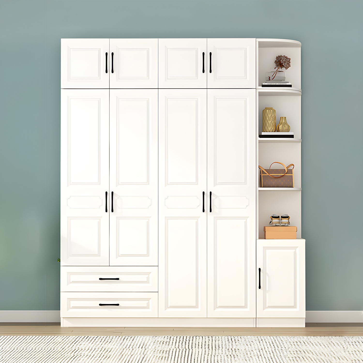 White Modern Wood Wardrobe Armoire with Clothing Rod and Shelves