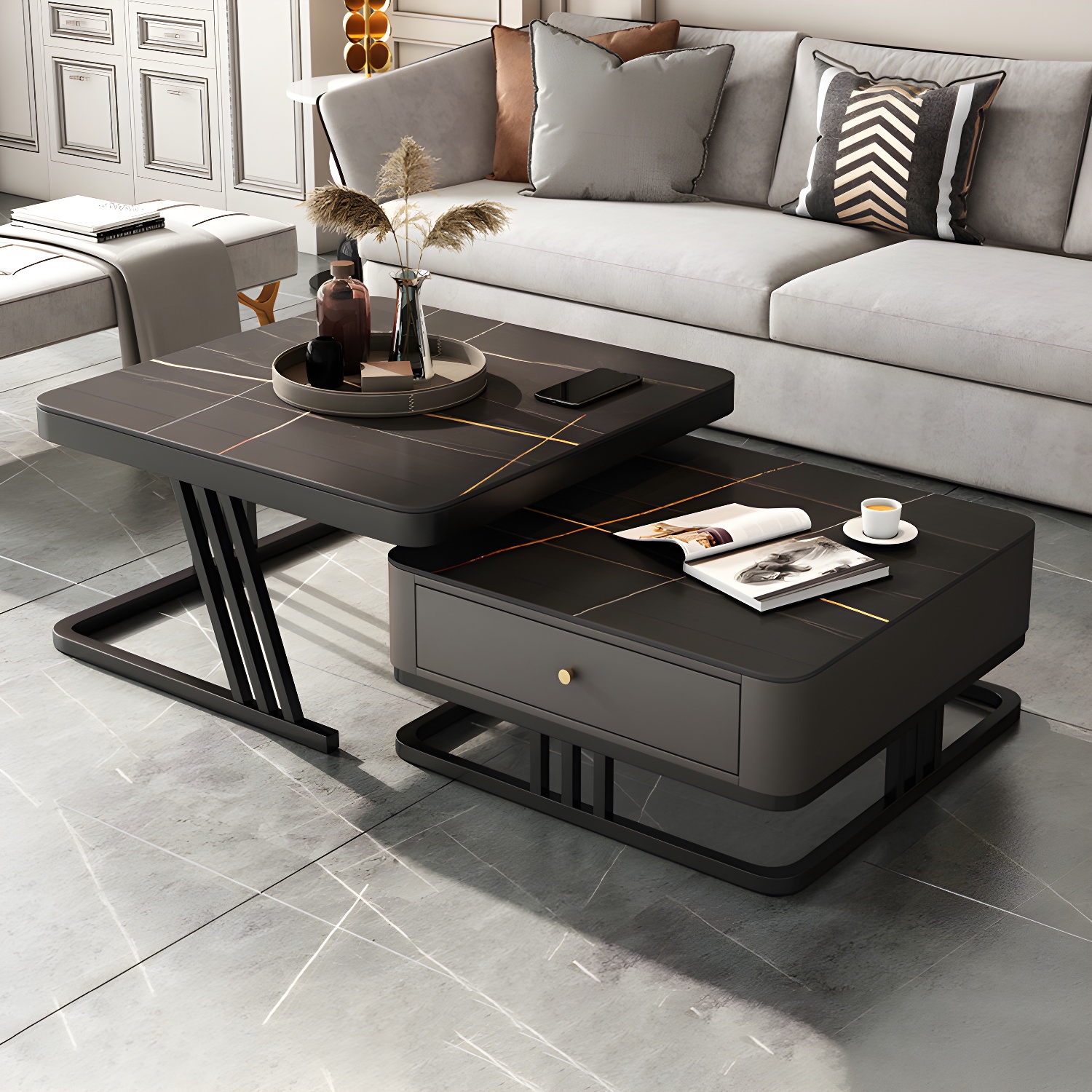 Modern Round Glass / Slate Cocktail Table Steel Frame Coffee Table with Drawer