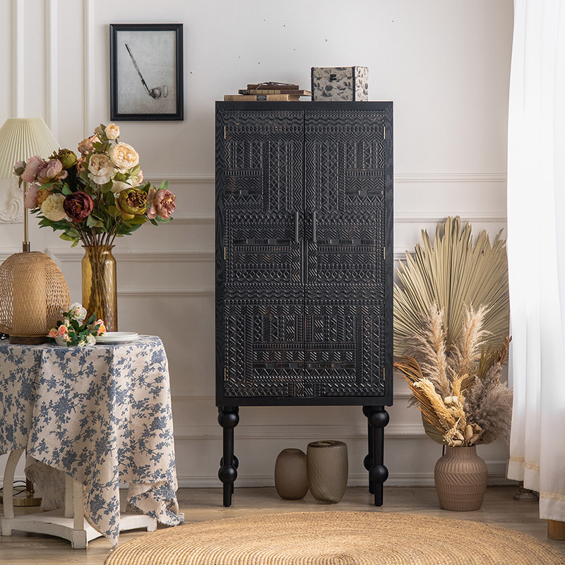 Modern Black Wood Console Cabinet with Cubby Storage and Wood Scoring & Rub Through Detailings - image 2