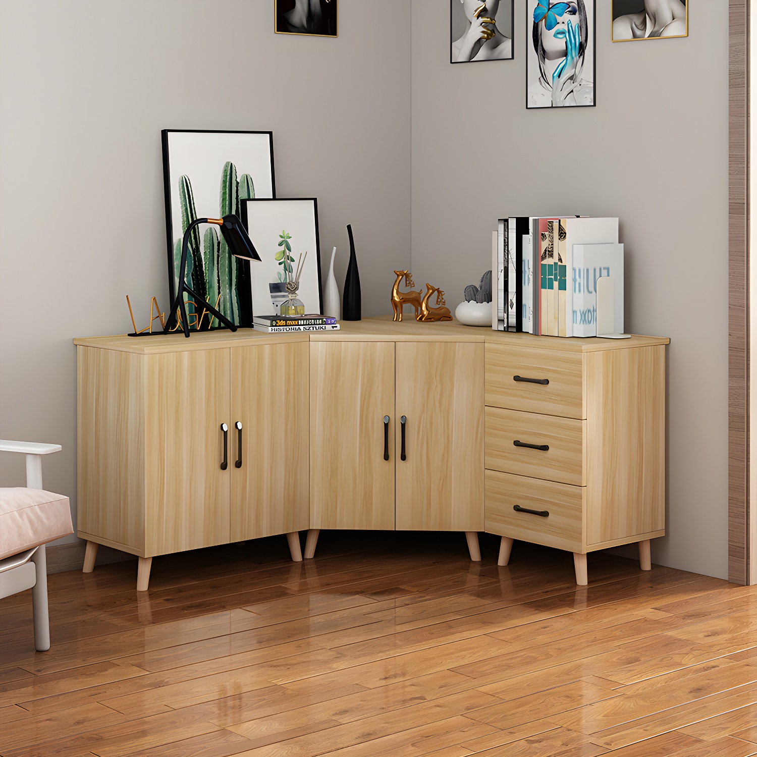 Bar Pulls Contemporary Manufactured Wood with Shelves Corner Accent Cabinet - image 3