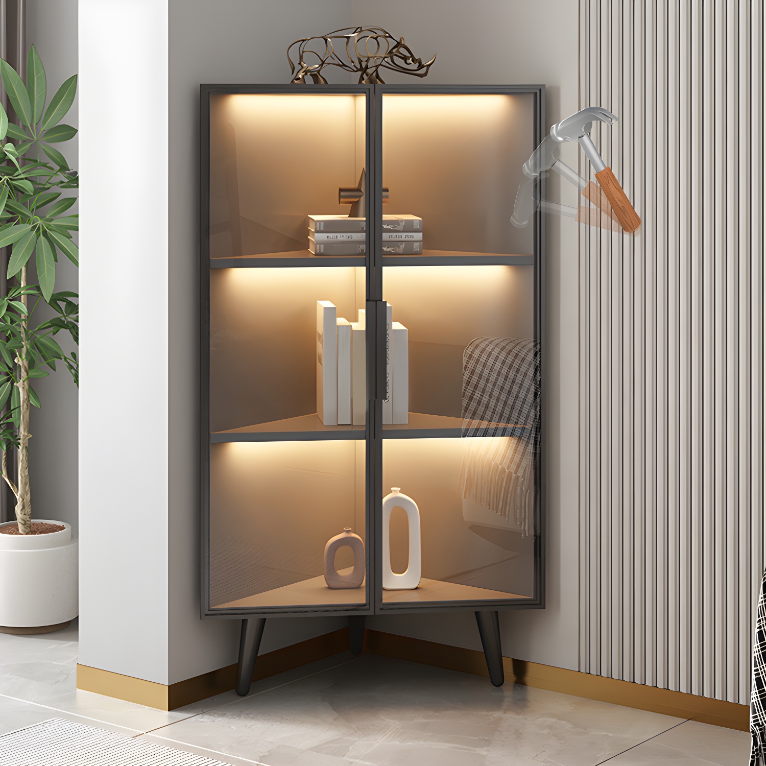 Corner Modern Accent Cabinet with Black Metal Base and Glass Doors, Black Wood Counter Top - image 10