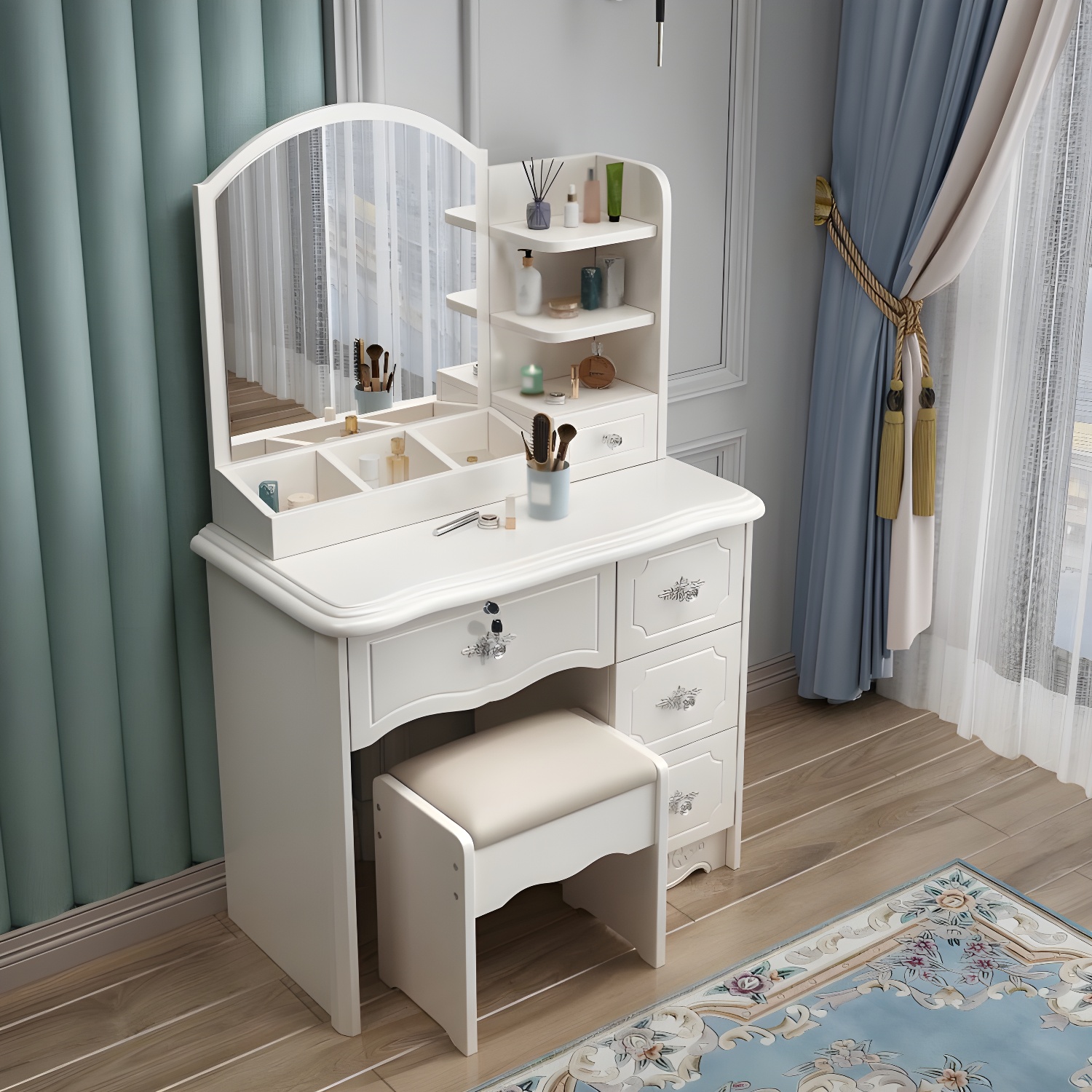 Modern White Wood Makeup Vanity with Seating & Standing Mirror