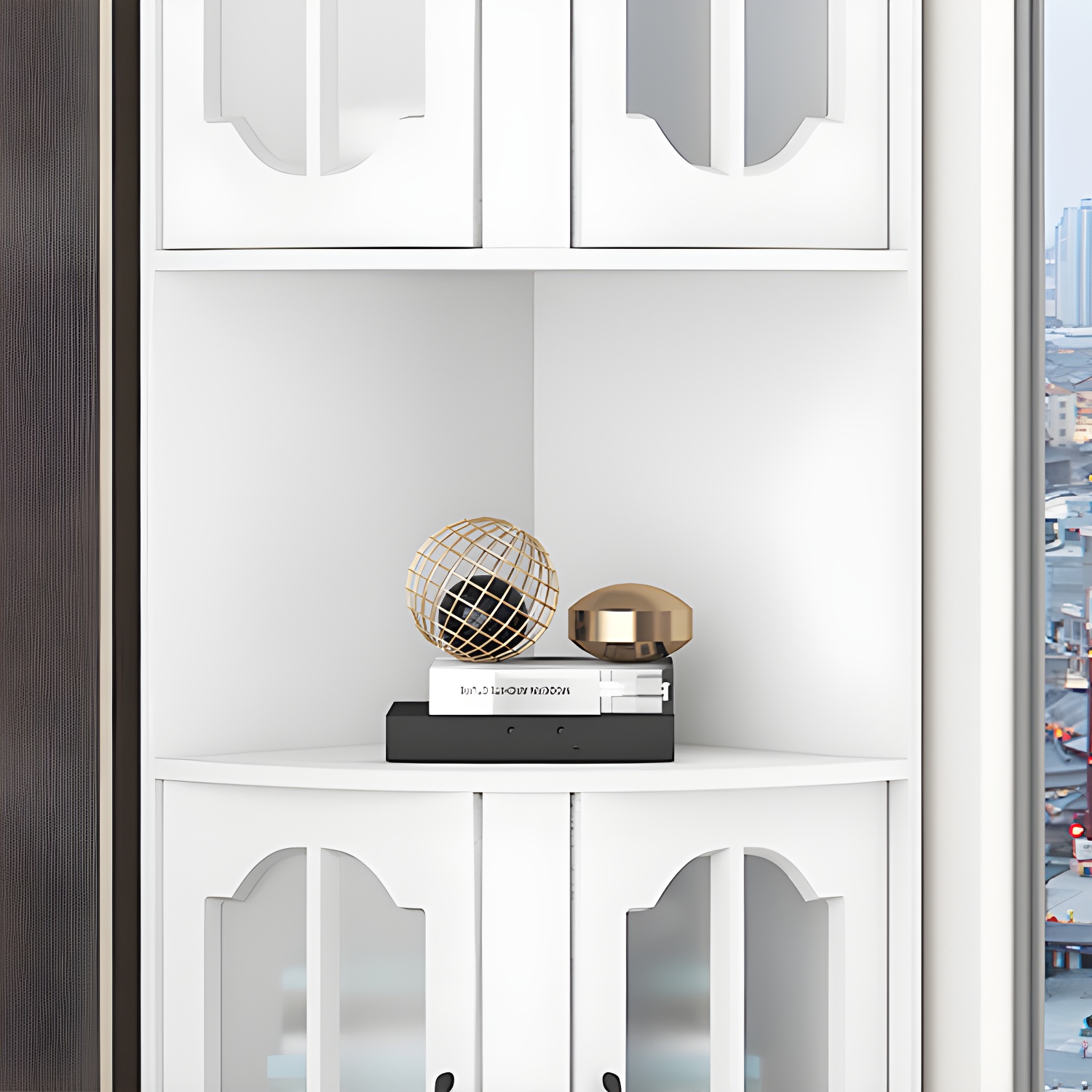Corner Modern Glass Door Accent Cabinet with Wood Base and 2 Exterior Shelves - image 7