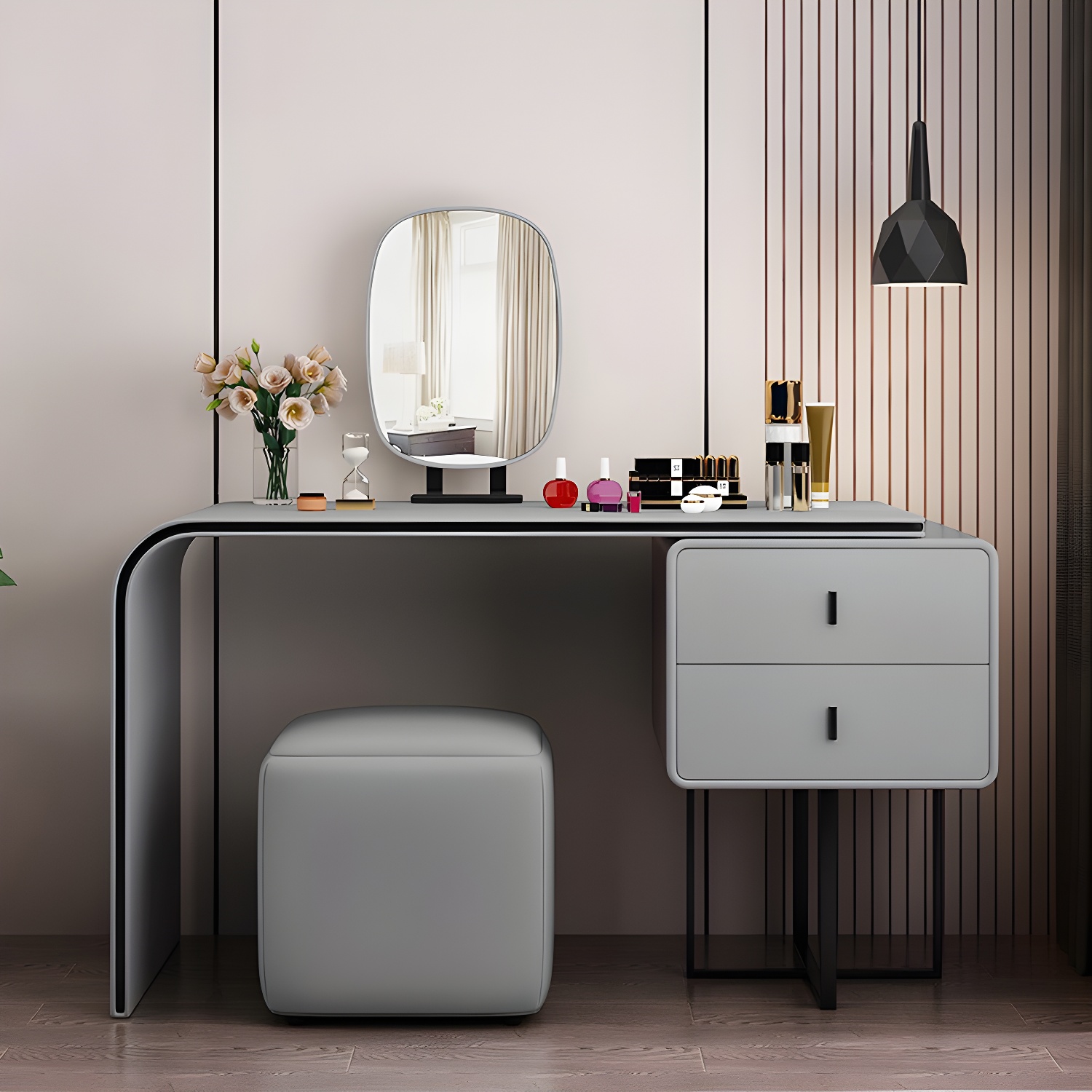 Glam Style 2-Drawer Solid Color Dressing Table Mirror Make-up Vanity - image 4