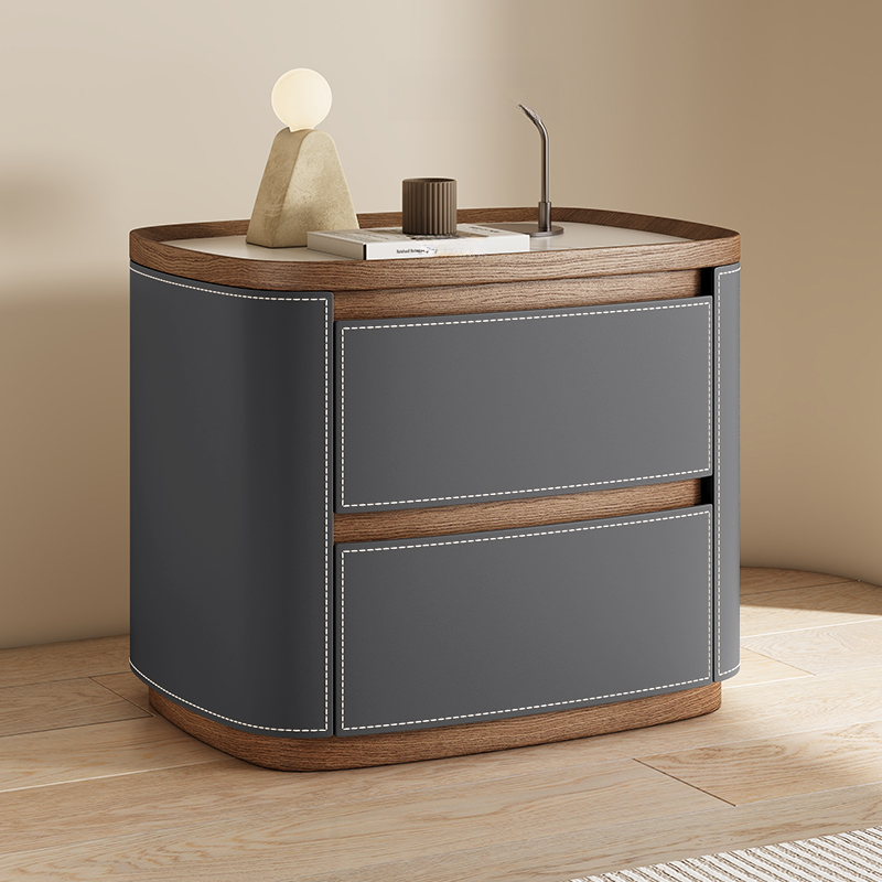 Modern Simple Style Nightstand With Drawer Storage Featuring 2 Drawers and Stone Countertop
