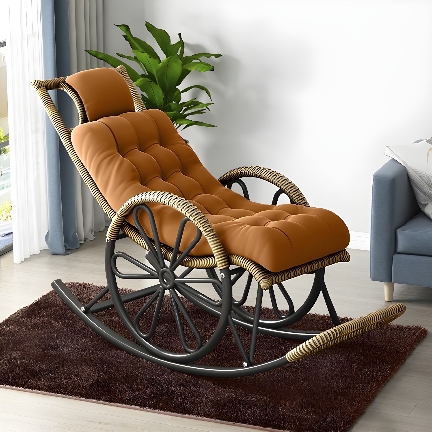 Modern Rocker Wicker Removable Cushions Tufted with Gray Frame Rocking Chair