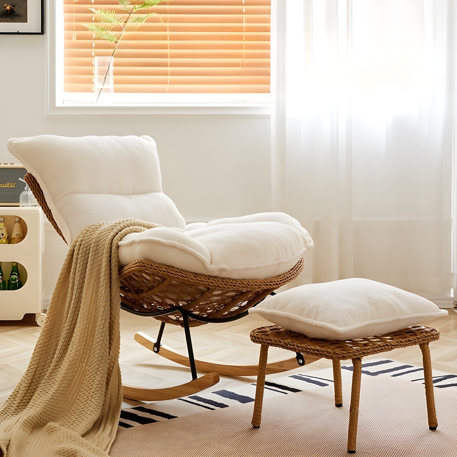 Traditional Armless Design Indoor Rocking Chair with rattan Frame and Nature Wood Legs - image 23