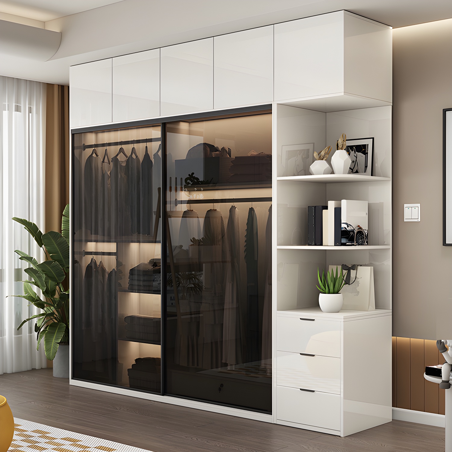 White Glass Wardrobe Rod Included Wardrobe Wardrobe Closet without Light