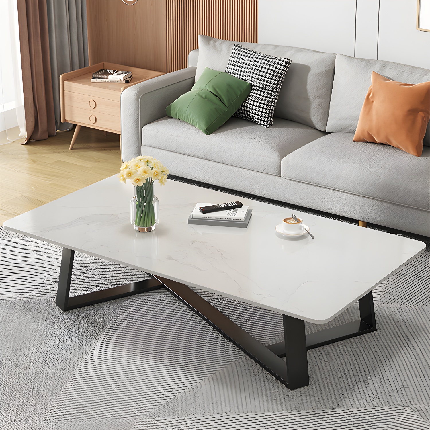 Modern Rectangle Coffee or End Table Stone and Steel Coffee Table with Cross Legs - image 8
