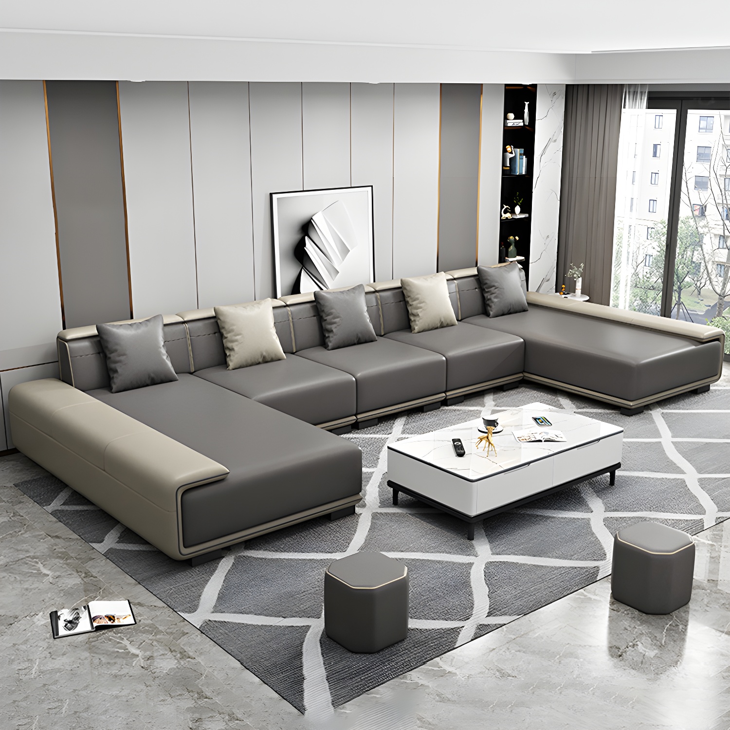 Faux Leather Sofa & Chaise with Pillows Modern U Sofa in Gray - 29.53" H - image 3