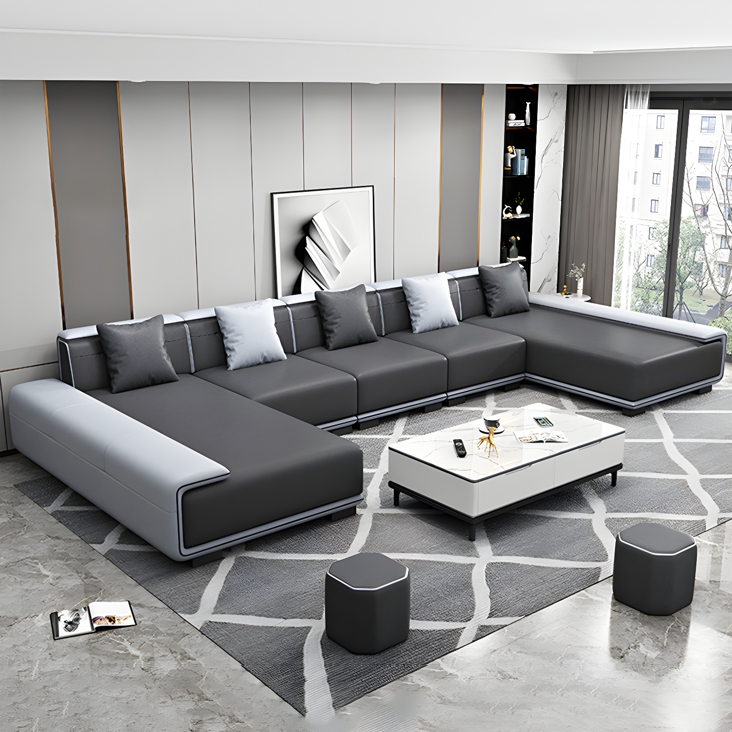 Faux Leather Sofa & Chaise with Pillows Modern U Sofa in Gray - 29.53" H - image 4