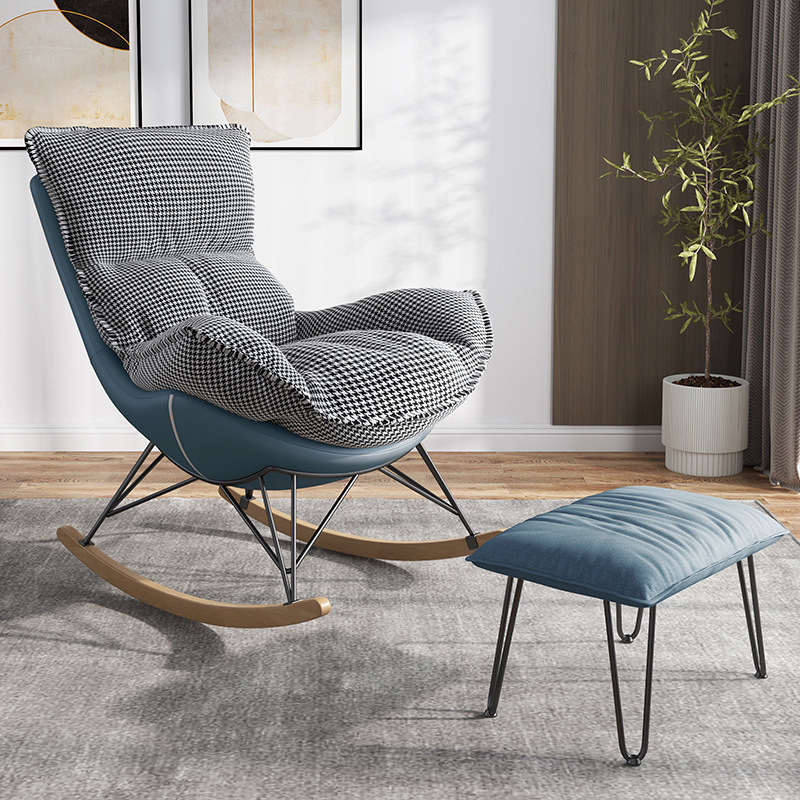 Modern Water Proof Cerulean/Dove Grey/Olive Green Upholstered Living Room Rocking Chair with Upholstered Footstool