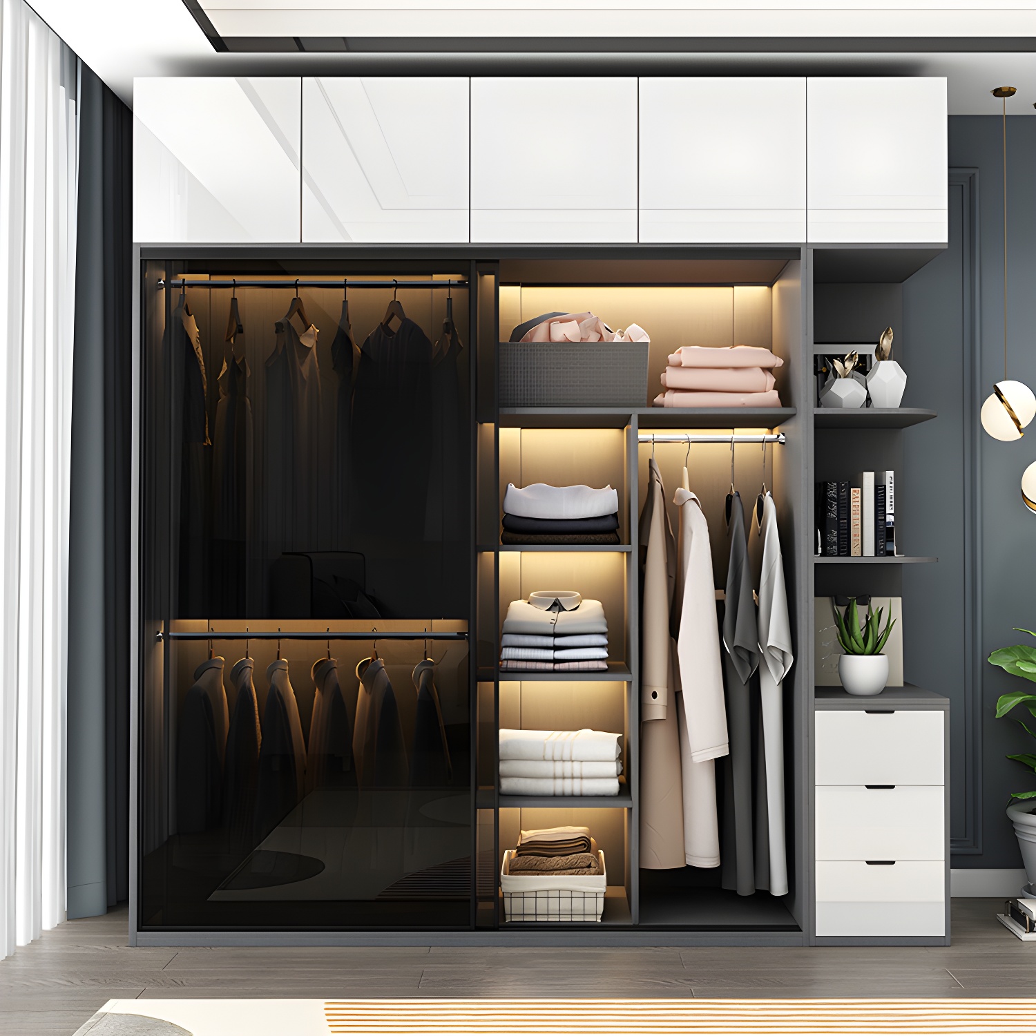 Glass and Wood Wardrobe Armoire Contemporary Wardrobe Cabinet - image 3