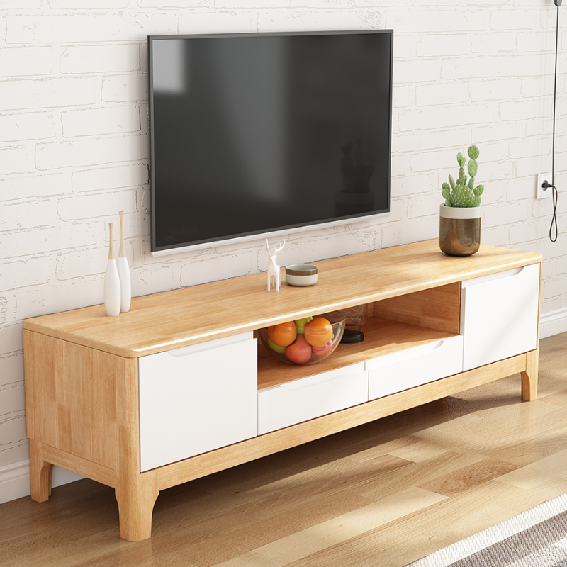 Art Deco Natural Wood TV Stand with 2 Drawers, 2 Cabinets, and Visible Storage - image 6