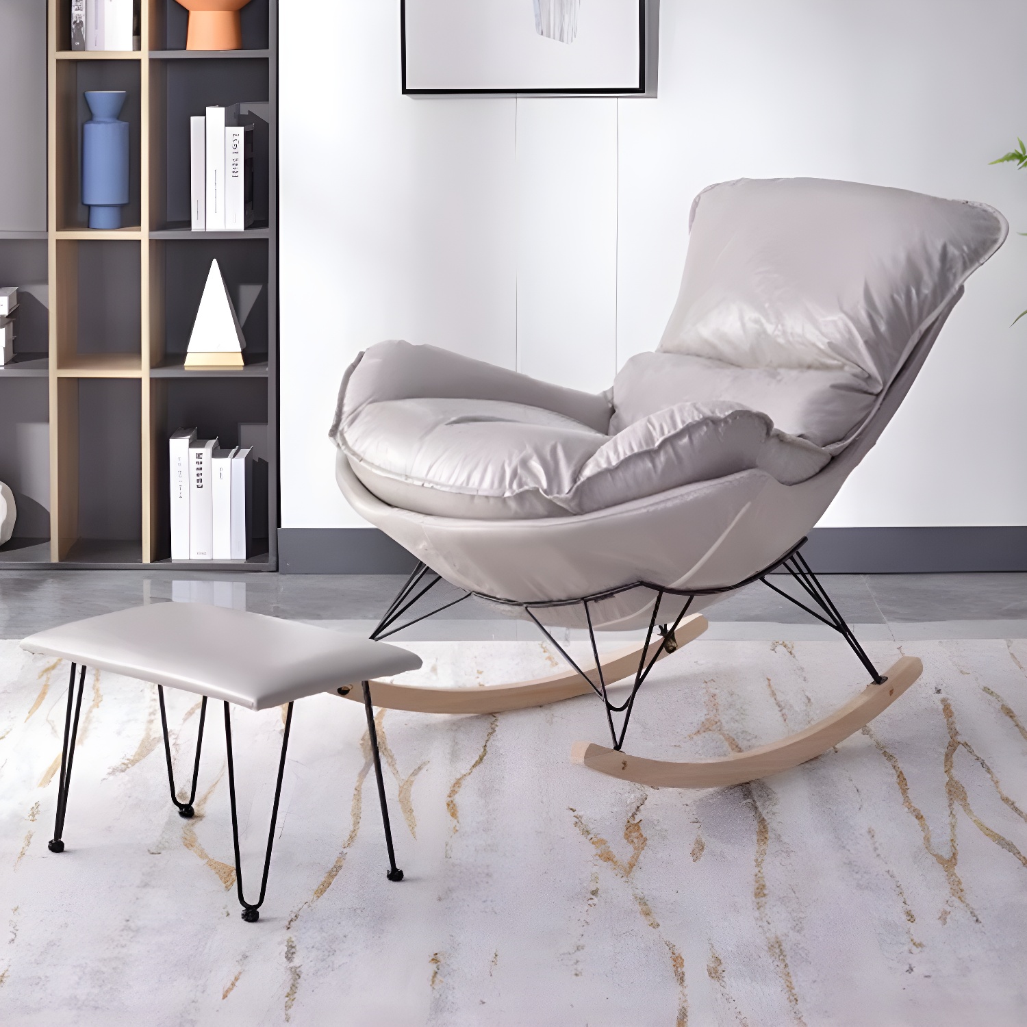Modern Upholstered Rocking Chair with Ottoman Set - Natural Wood Legs - image 6