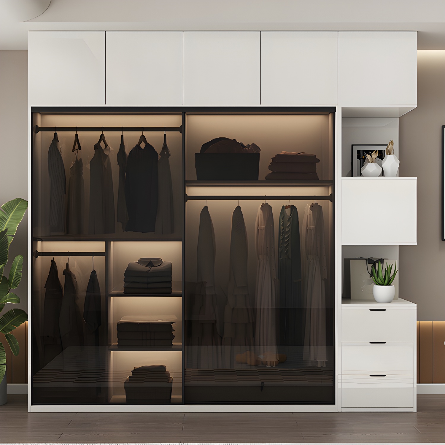 White Glass Wardrobe Rod Included Wardrobe Wardrobe Closet without Light - image 4