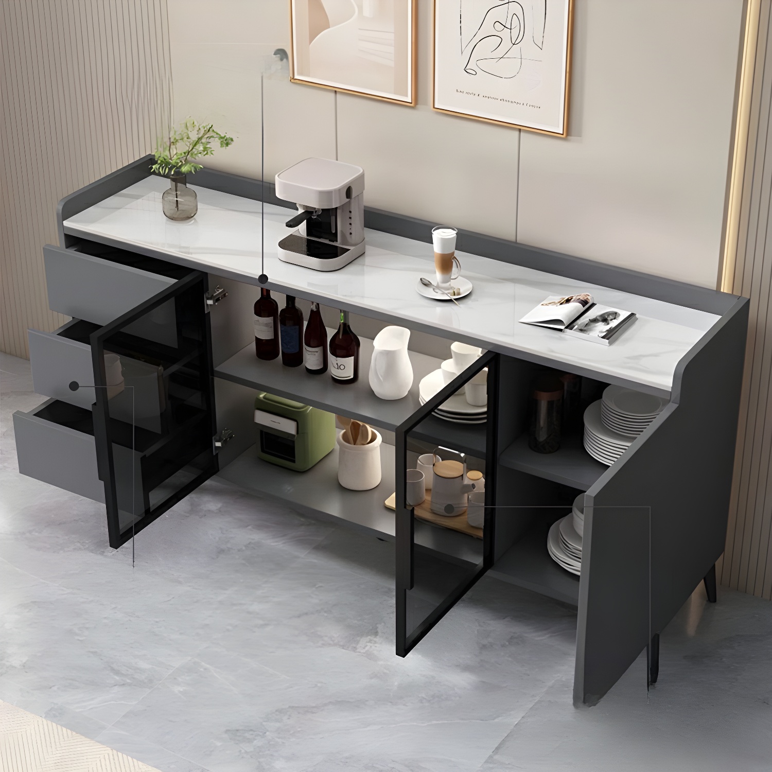 Stone Top Modern Wood Sideboard Credenza with 3 Drawers and Glass Doors - image 9