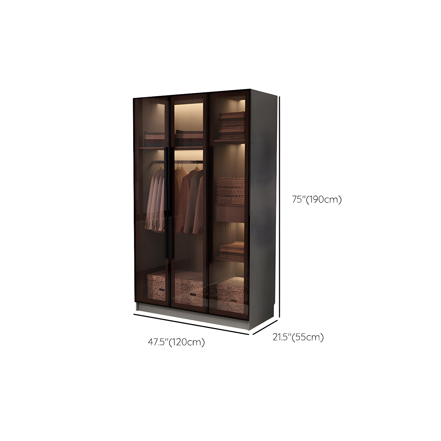 Modern Glass Hinged Doors Wardrobe Armoire Wood Frame Wardrobe with Shelves without Light - image 13