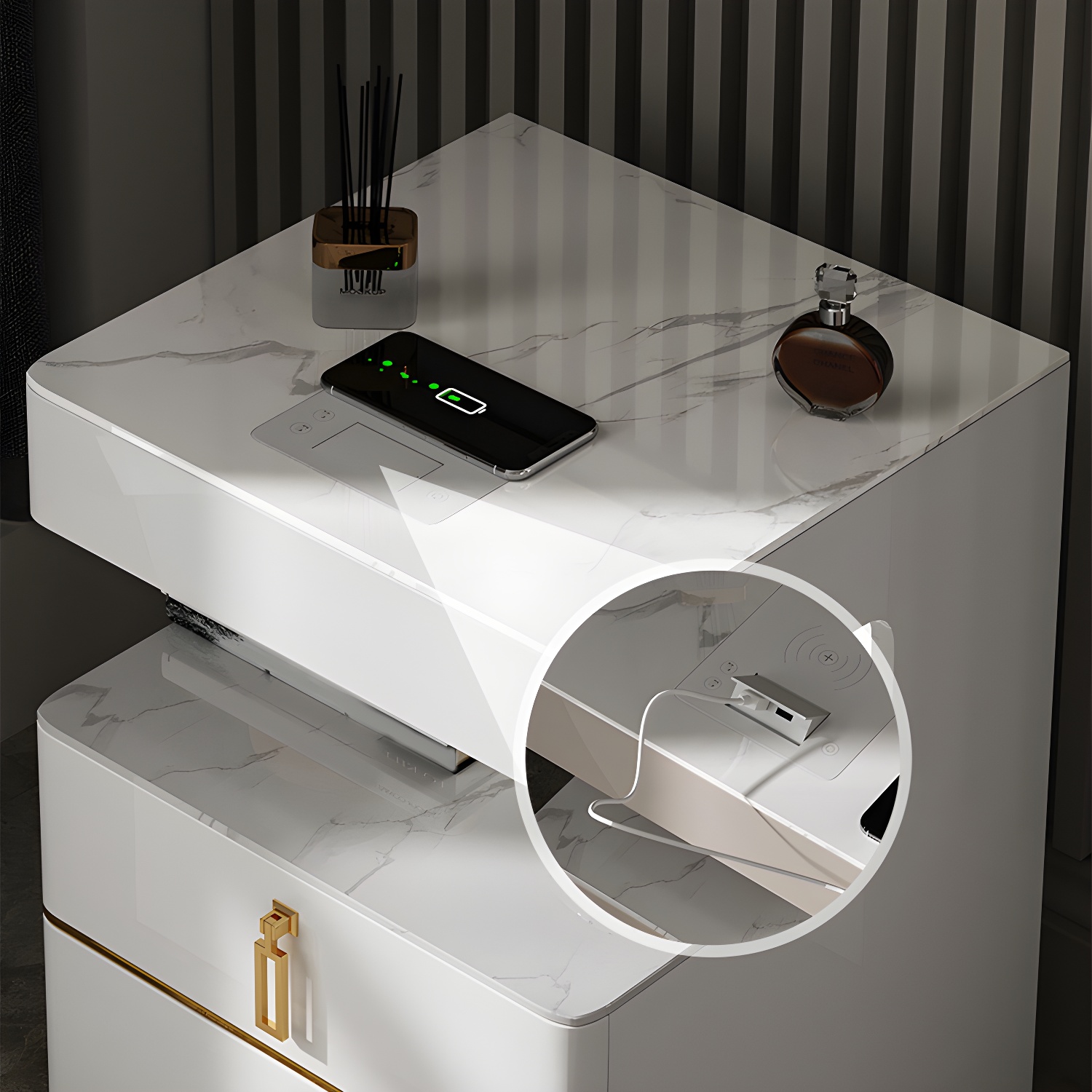 3-Drawer Nightstand with USB charging 21.65" Tall Faux Leather Nightstand - image 11