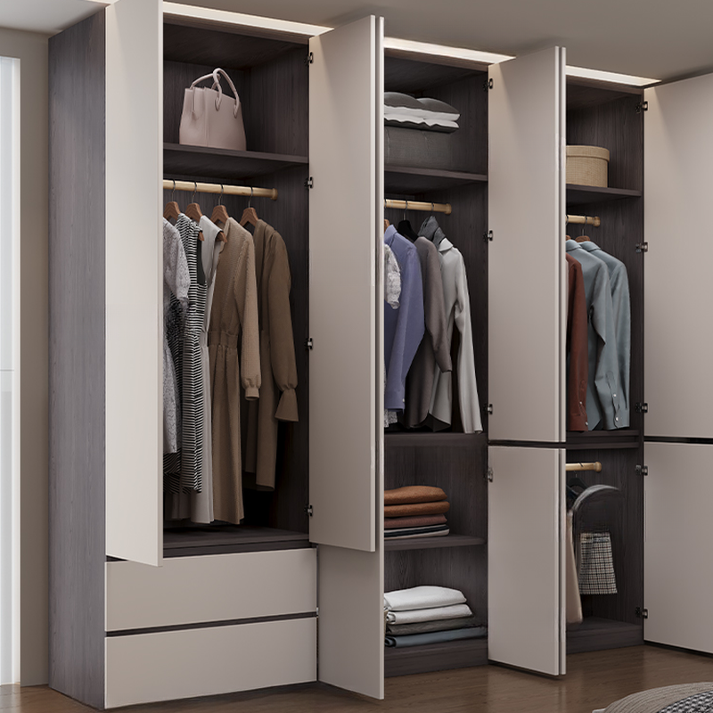 Light Gray Modish Manufactured Wood Independent Armoire Cabinet with 2 Drawers/4 Drawers, Interior Shelves, and Clothing Rod